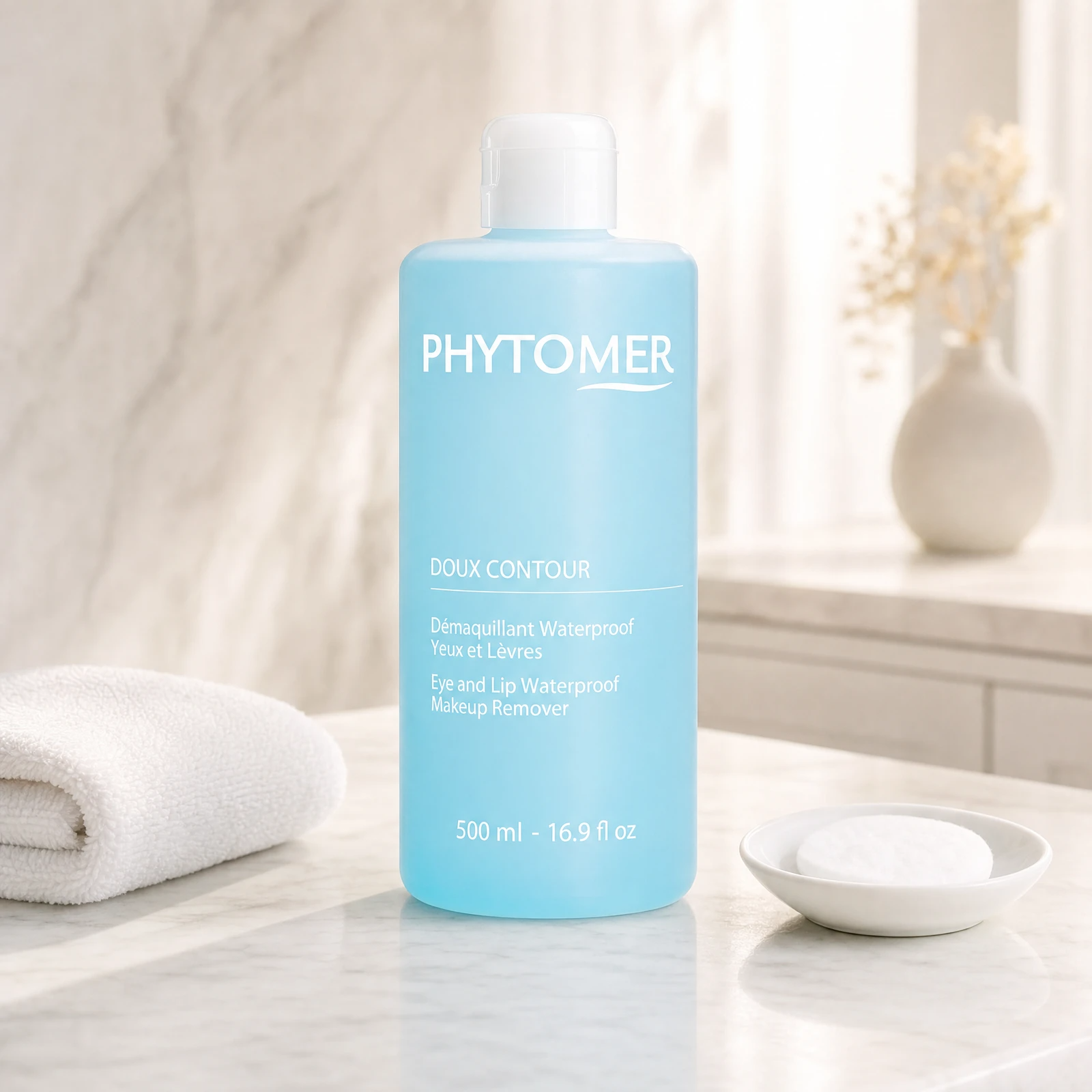 Phytomer Doux Contour Eye and Lip Waterproof Makeup Remover 500ml light blue bottle on a premium beauty clinic marble counter with white spa towels and ceramic cotton round dish