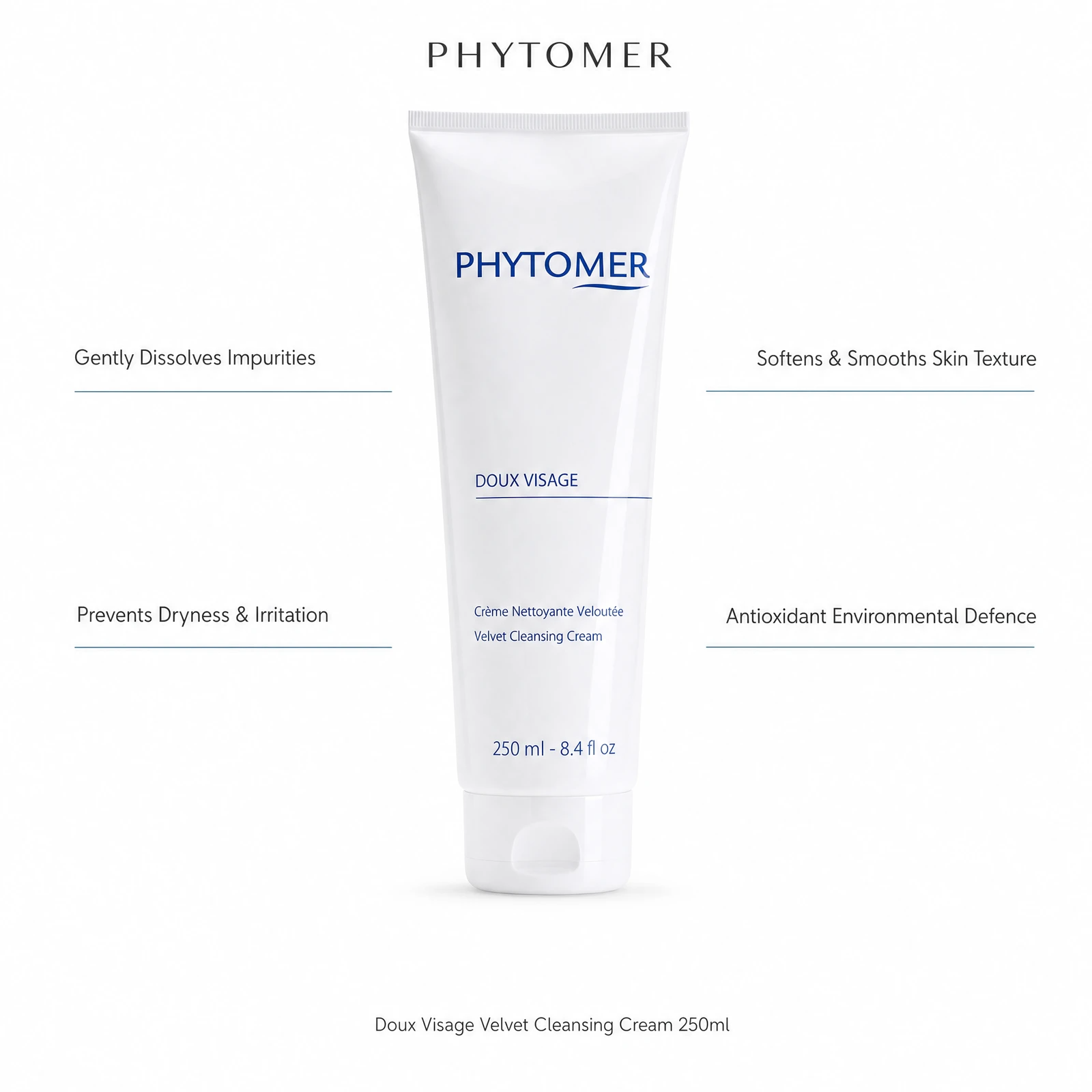 Phytomer Doux Visage Velvet Cleansing Cream 250ml with four professional benefit callouts: Gently Dissolves Impurities, Prevents Dryness and Irritation, Softens and Smooths Skin Texture, Antioxidant Environmental Defence