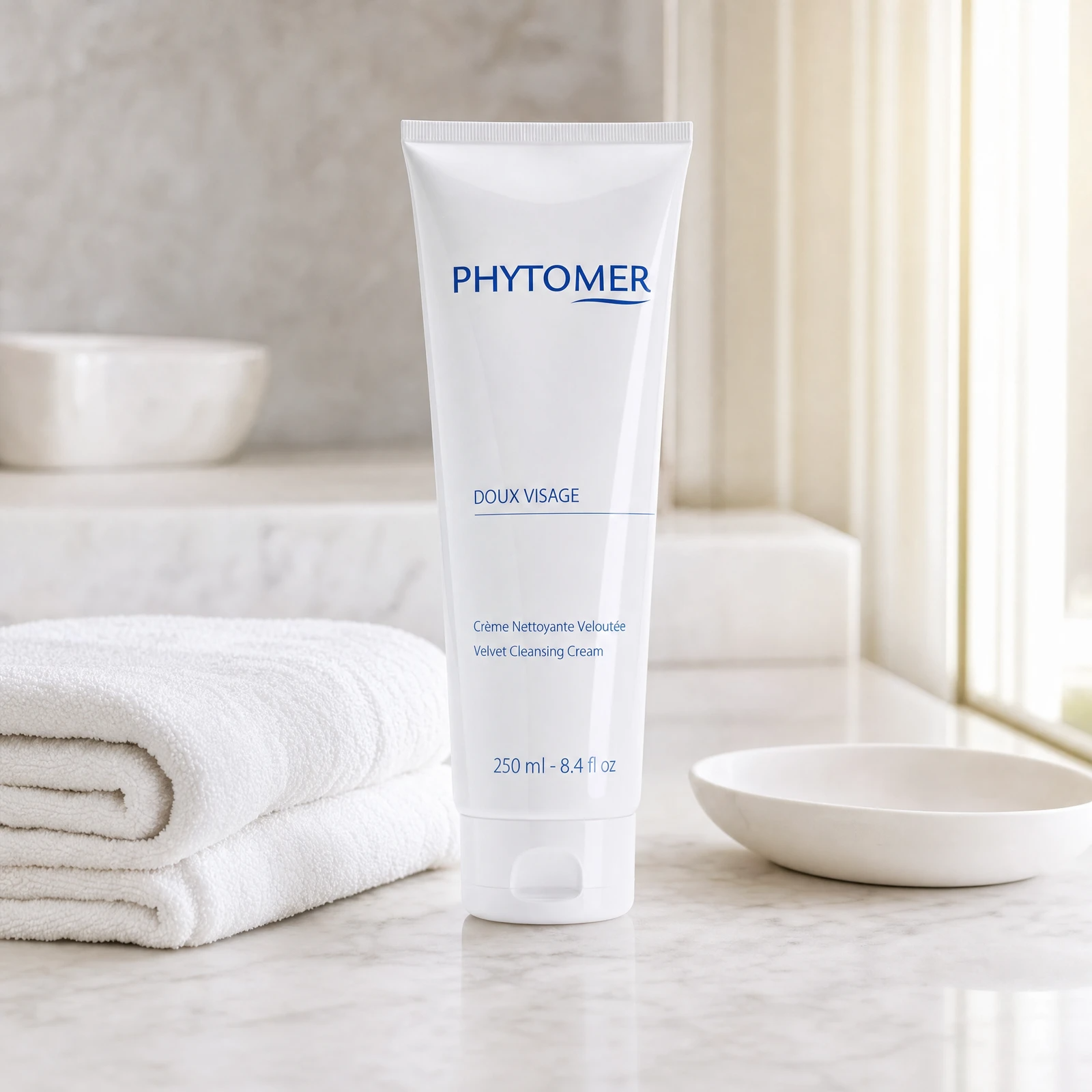 Phytomer Doux Visage Velvet Cleansing Cream 250ml professional tube on a premium beauty clinic marble counter with white spa towels and ceramic dish