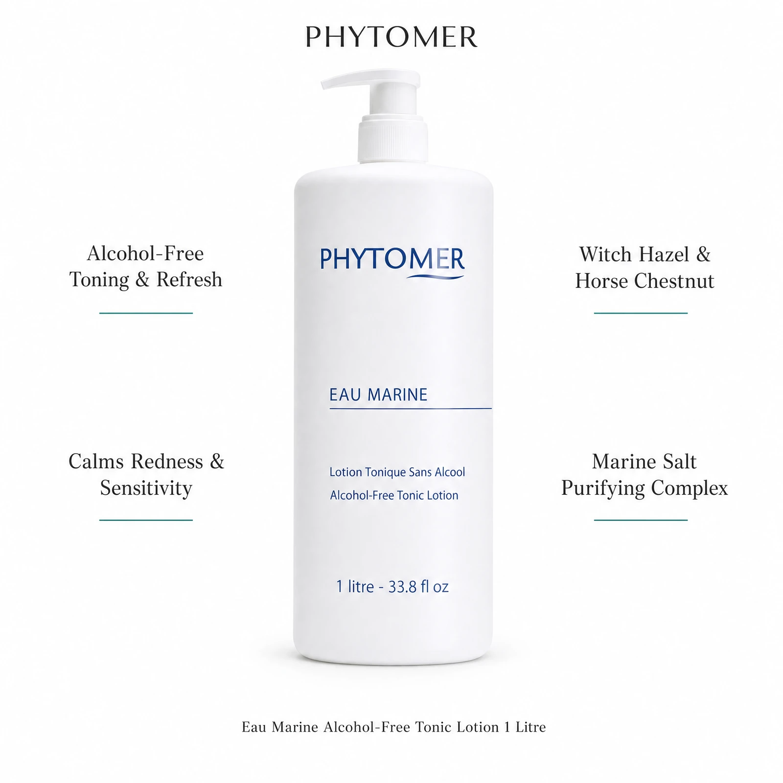 Phytomer Eau Marine Alcohol-Free Tonic Lotion 1 Litre with four professional benefit callouts: Alcohol-Free Toning and Refresh, Calms Redness and Sensitivity, Witch Hazel and Horse Chestnut, Marine Salt Purifying Complex
