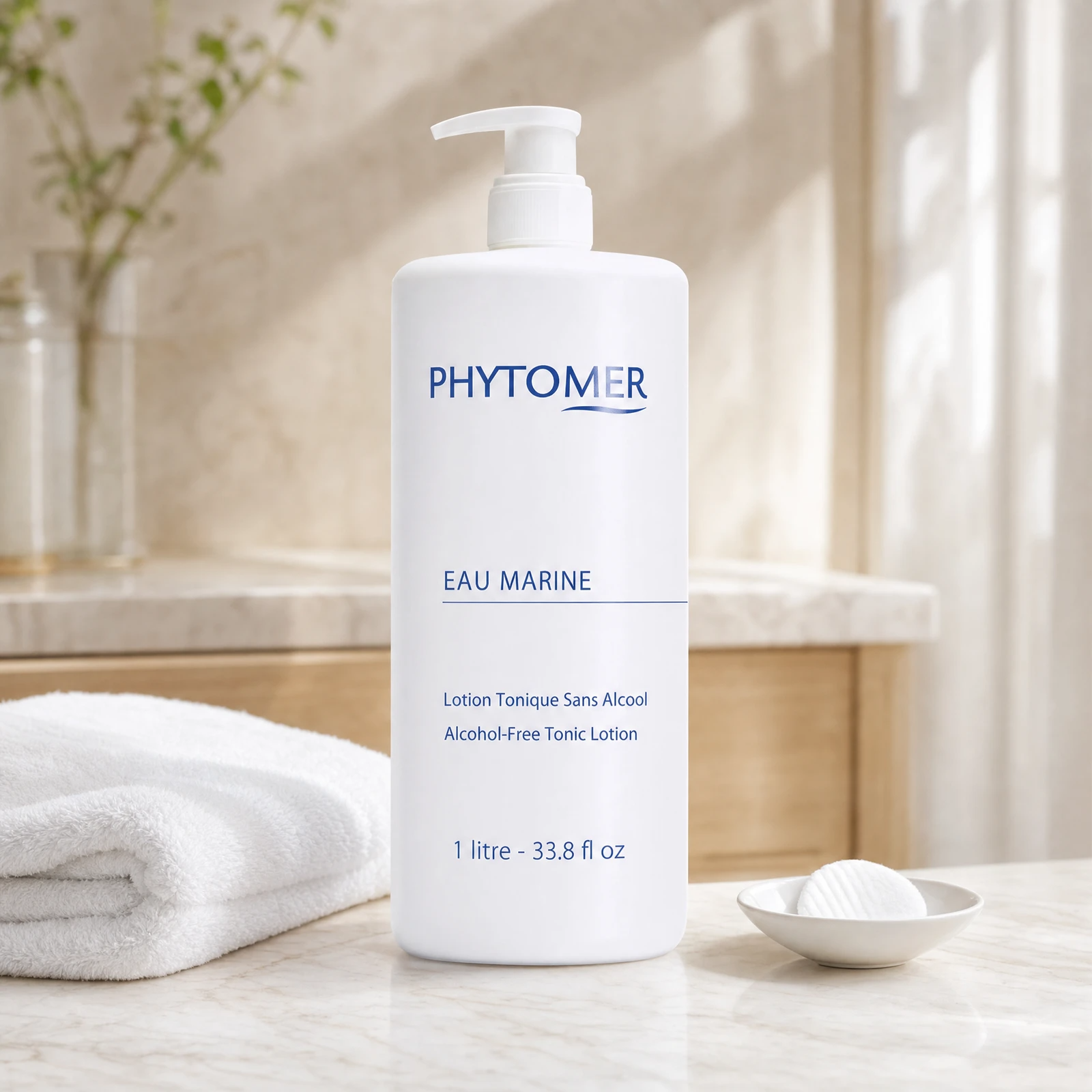 Phytomer Eau Marine Alcohol-Free Tonic Lotion 1 Litre pump bottle on a premium beauty clinic marble counter with white spa towels and ceramic cotton round dish