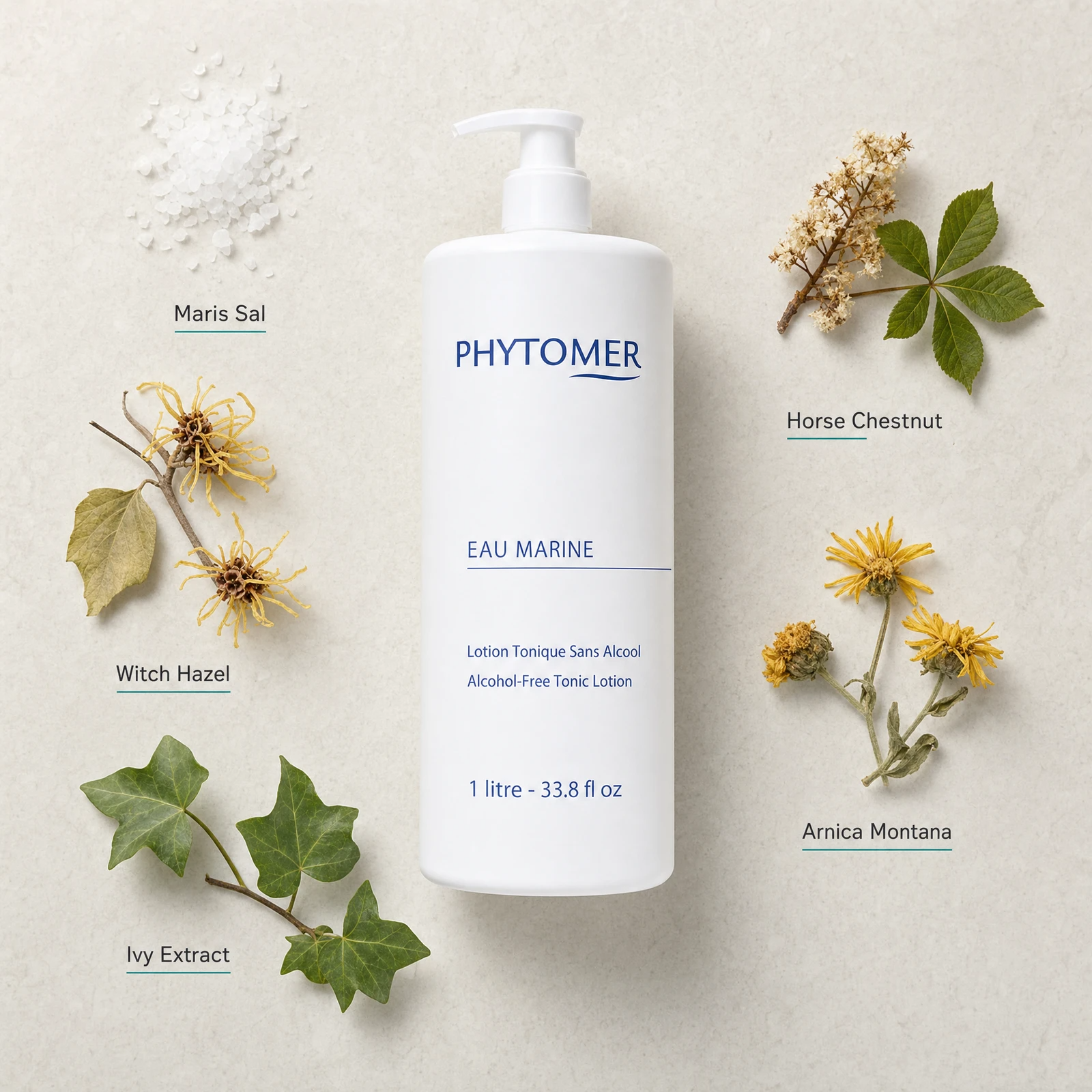 Phytomer Eau Marine Alcohol-Free Tonic Lotion 1 Litre flatlay with key botanical and marine ingredients including Maris Sal, Witch Hazel, Horse Chestnut, Arnica Montana and Ivy Extract