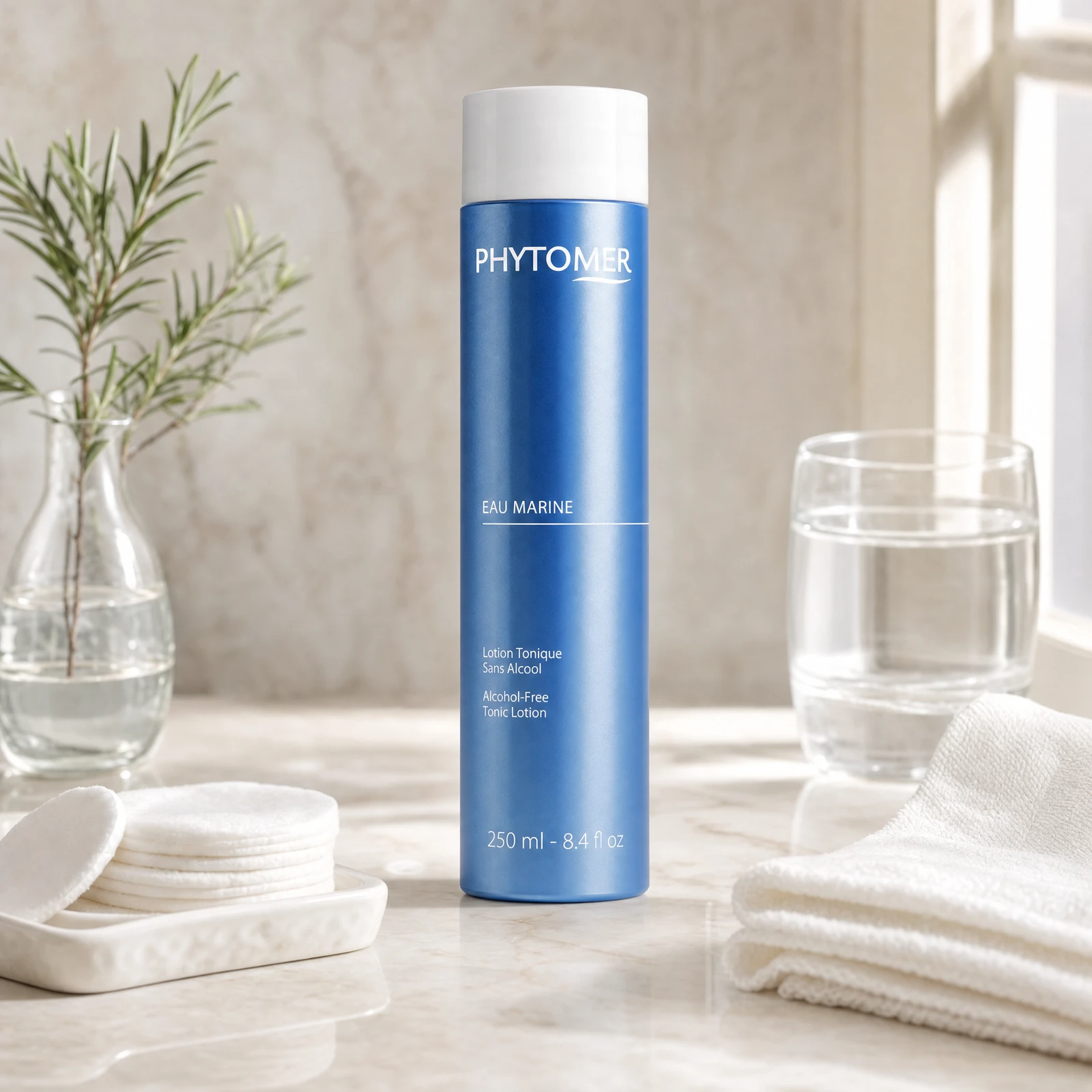 Phytomer Eau Marine Alcohol-Free Tonic Lotion 250ml on a marble bathroom vanity with rosemary in glass vessel, cotton pads, glass of water and white towels, premium at-home skincare setting