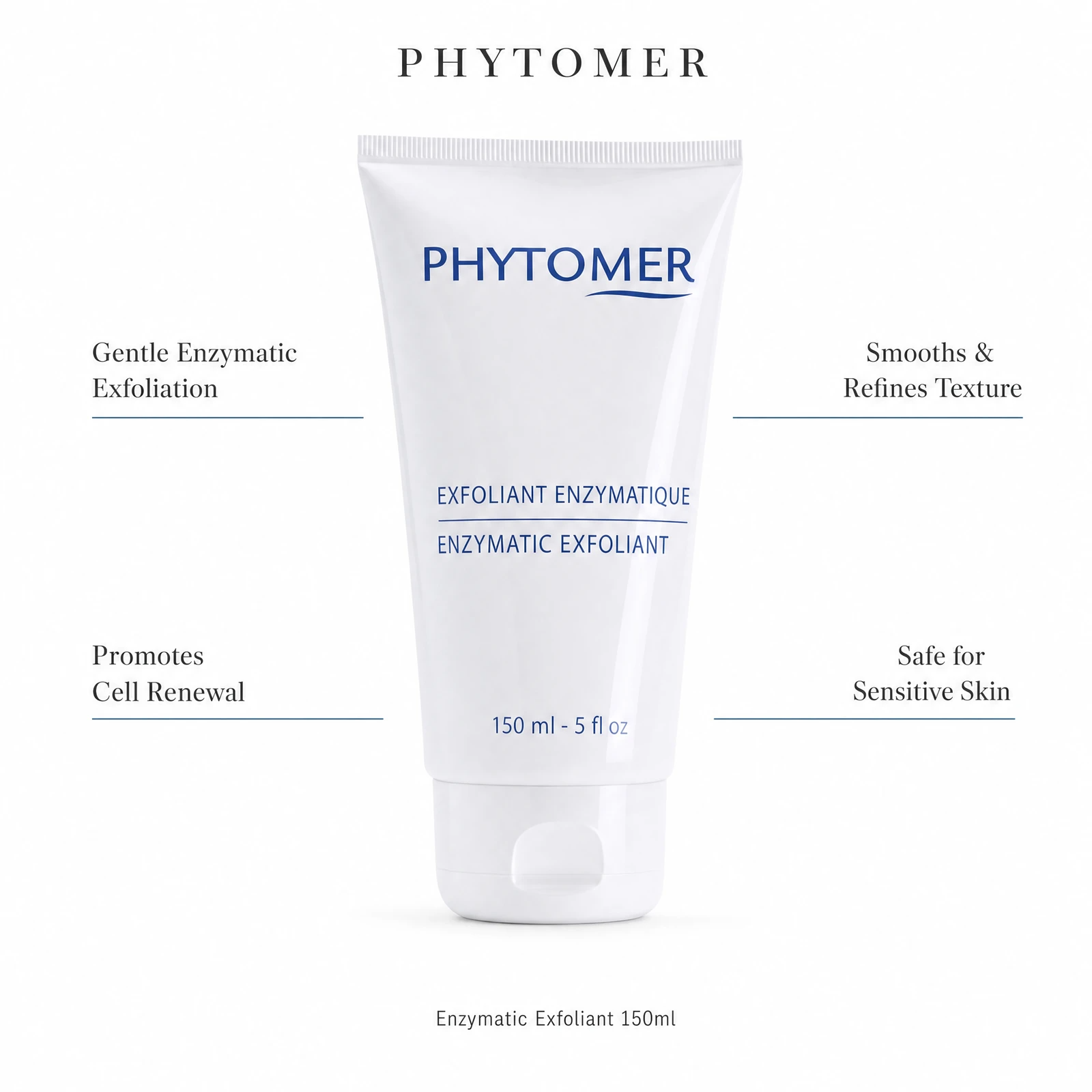 Phytomer Enzymatic Exfoliant 150ml with four professional benefit callouts: Gentle Enzymatic Exfoliation, Promotes Cell Renewal, Smooths and Refines Texture, Safe for Sensitive Skin