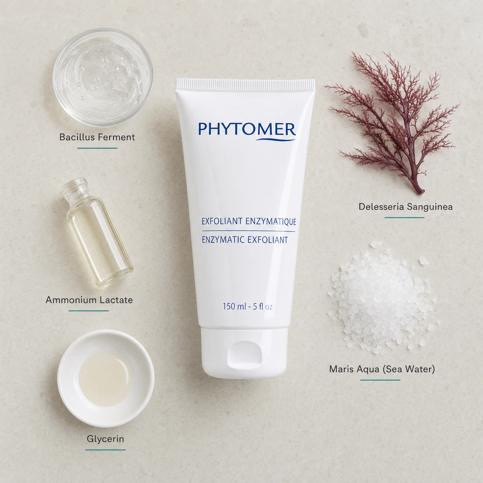 Phytomer Enzymatic Exfoliant 150ml flatlay with key ingredients including Bacillus Ferment, Delesseria Sanguinea red algae, Ammonium Lactate, Maris Aqua Sea Water and Glycerin