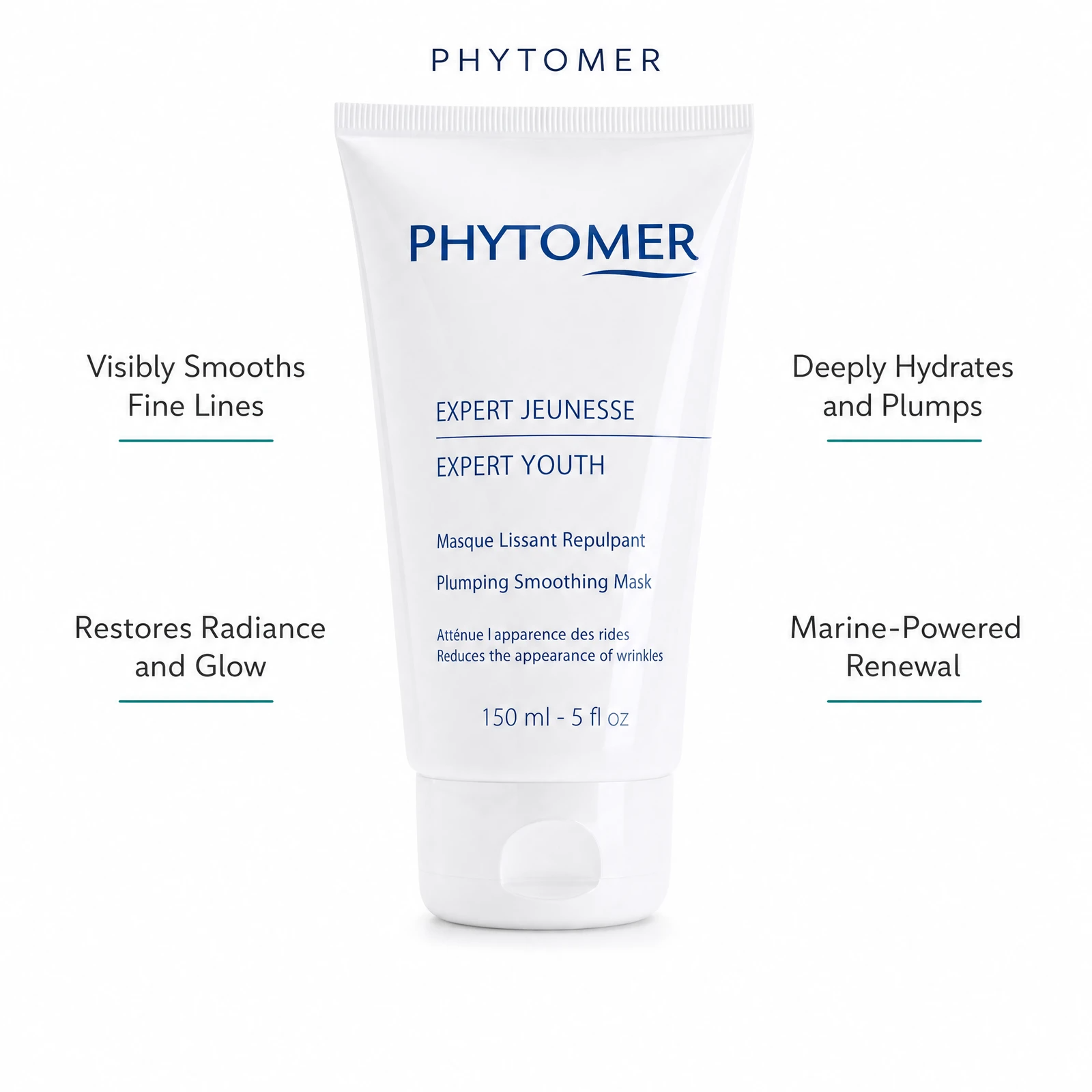 Phytomer Expert Youth Plumping Smoothing Mask 150ml with four benefit callouts: Visibly Smooths Fine Lines, Restores Radiance and Glow, Deeply Hydrates and Plumps, Marine-Powered Renewal