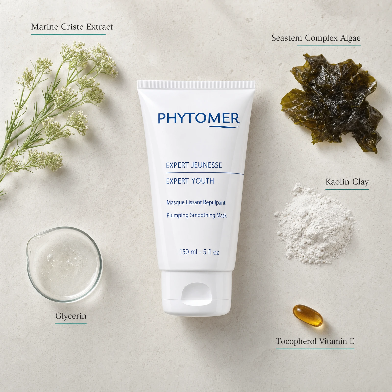 Phytomer Expert Youth Plumping Smoothing Mask 150ml flatlay on limestone surface with Marine Criste Extract, Seastem Complex Algae, Kaolin Clay, Glycerin, and Tocopherol Vitamin E