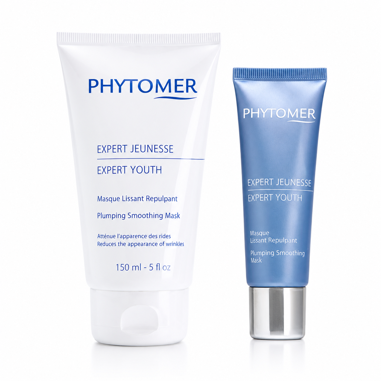 Phytomer Expert Youth Plumping Smoothing Mask retail and professional size duo image featuring the 150 ml professional tube and 50 ml retail tube.