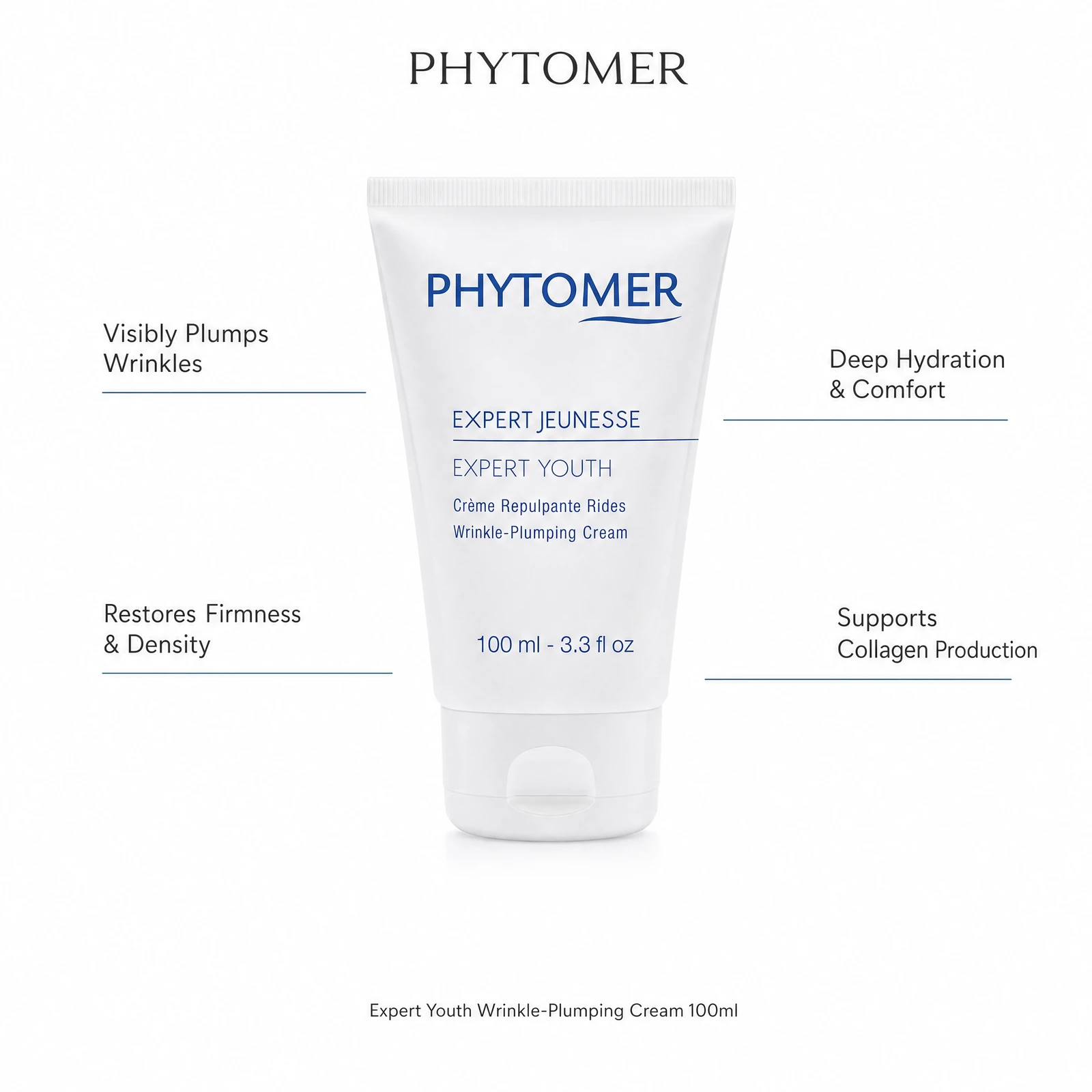 Phytomer Expert Youth Wrinkle-Plumping Cream 100ml with four professional benefit callouts: Visibly Plumps Wrinkles, Restores Firmness and Density, Deep Hydration and Comfort, Supports Collagen Production