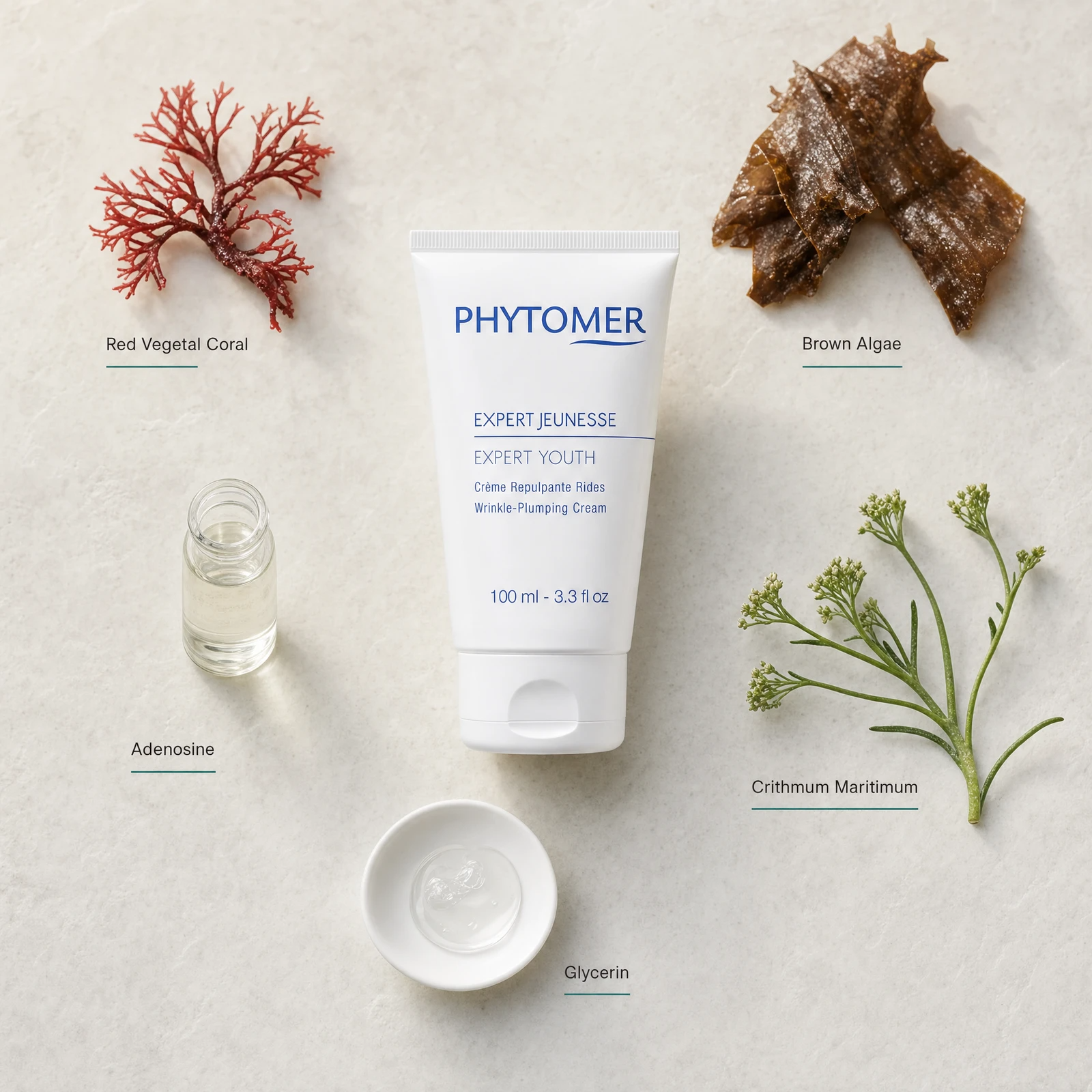 Phytomer Expert Youth Wrinkle-Plumping Cream 100ml flatlay with key ingredients including Red Vegetal Coral, Brown Algae, Adenosine, Crithmum Maritimum and Glycerin