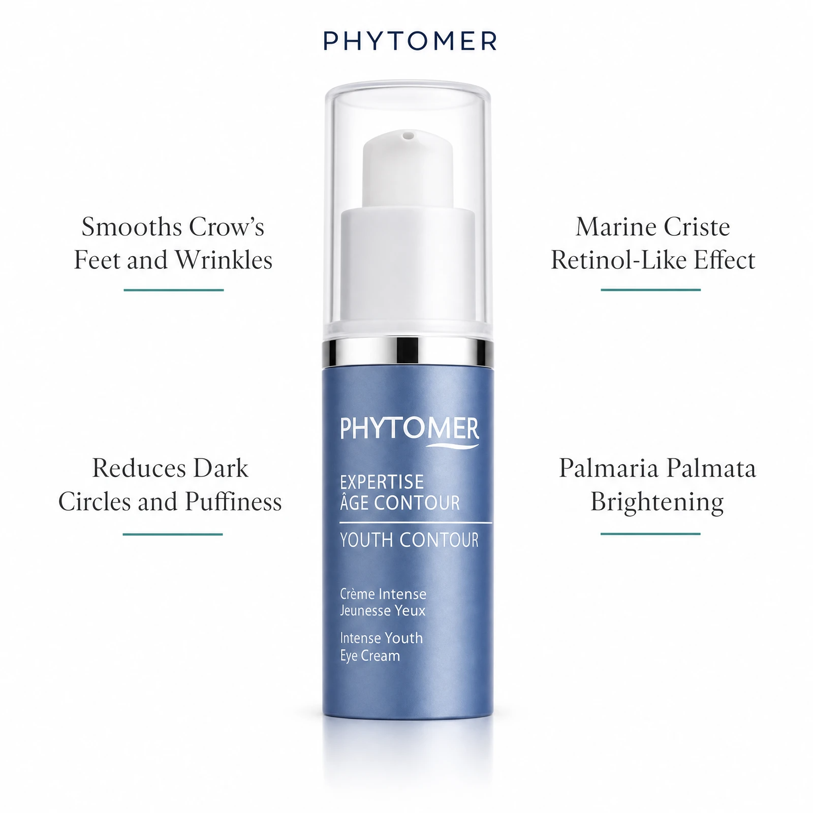 Phytomer Expertise Age Contour Intense Youth Eye Cream 15ml with four benefit callouts: Smooths Crow's Feet and Wrinkles, Reduces Dark Circles and Puffiness, Marine Criste Retinol-Like Effect, Palmaria Palmata Brightening