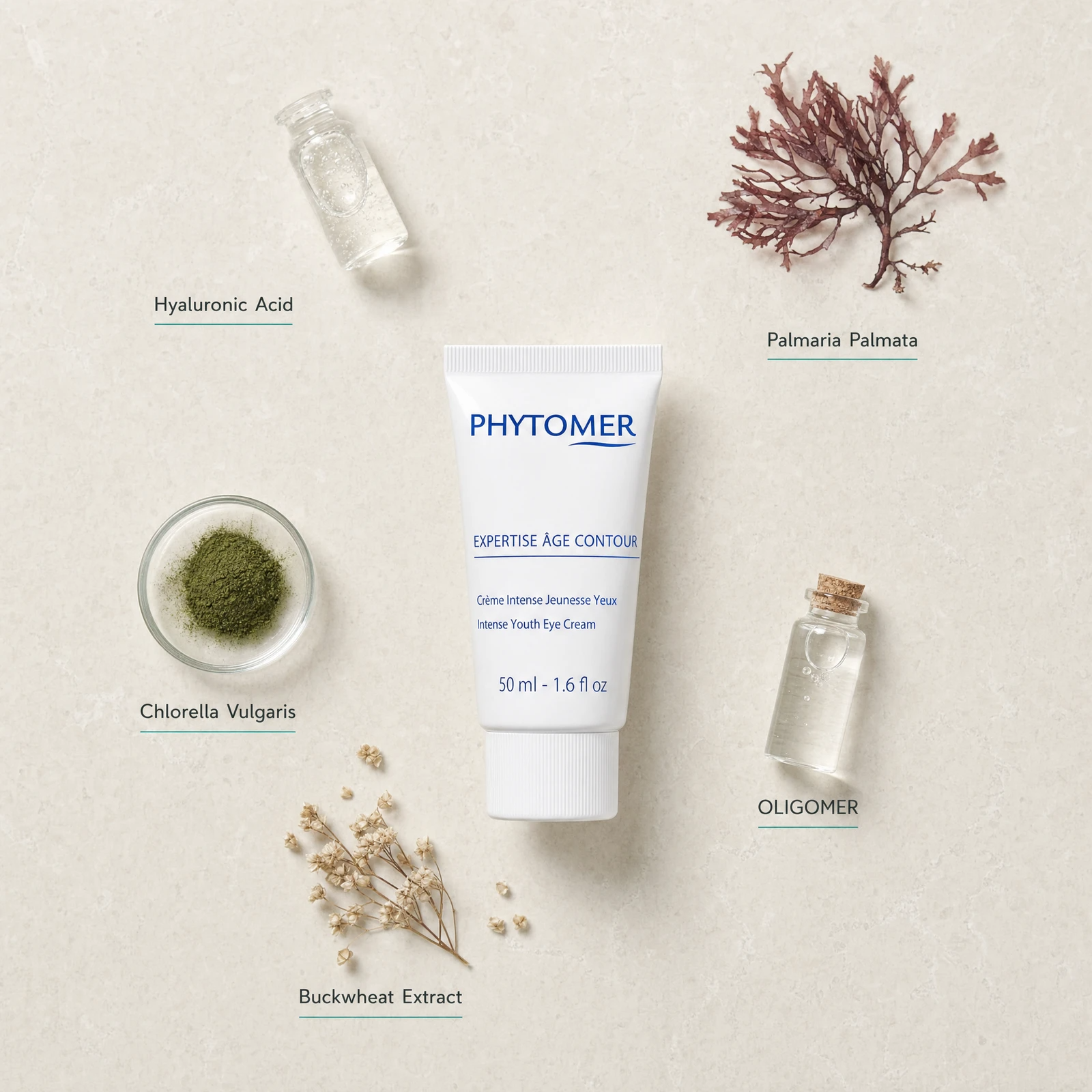Phytomer Expertise Age Contour Intense Youth Eye Cream 50ml flatlay with key ingredients including Hyaluronic Acid, Palmaria Palmata red algae, Chlorella Vulgaris, OLIGOMER and Buckwheat Extract