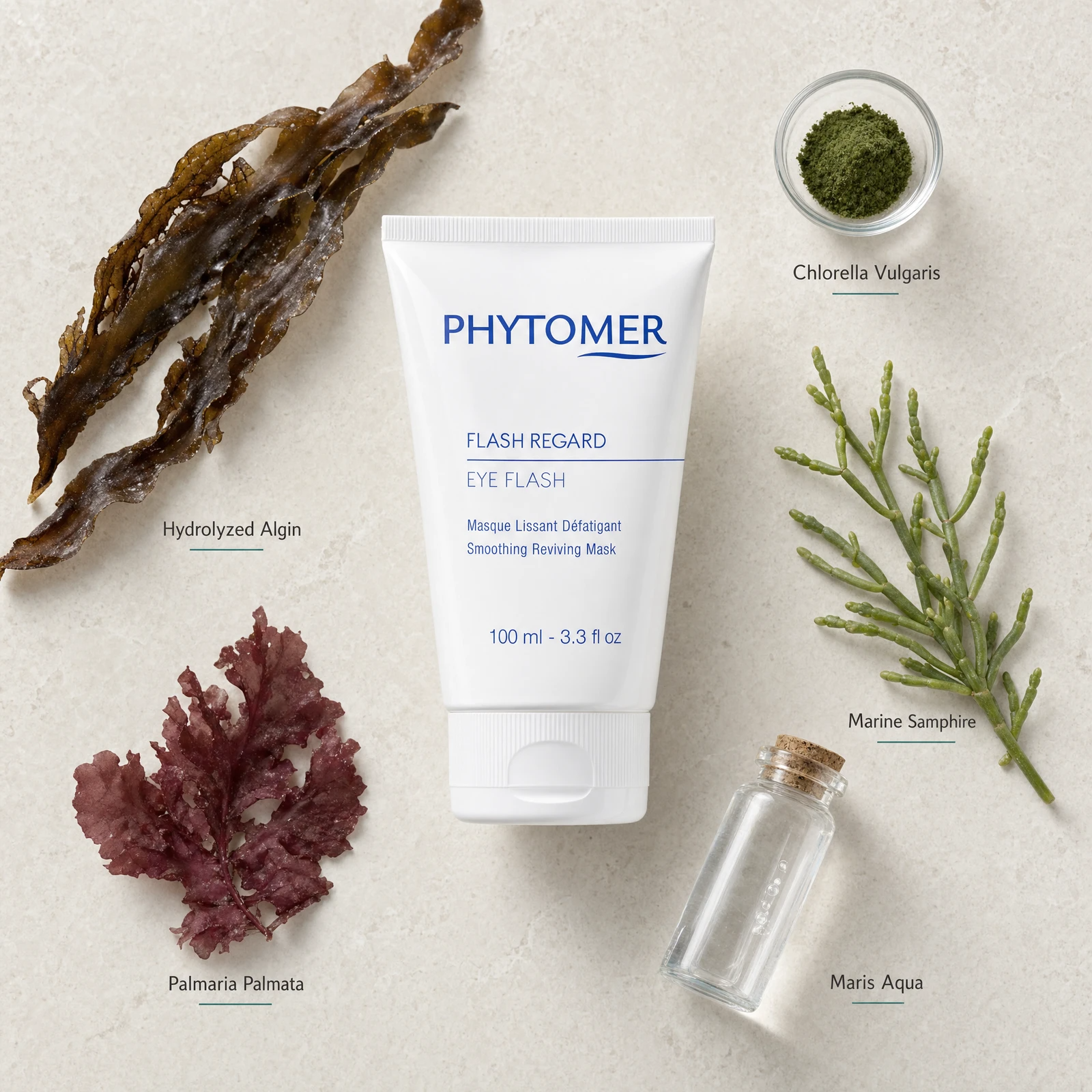 Phytomer Eye Flash Smoothing Reviving Mask 100ml flatlay with key marine ingredients including Hydrolyzed Algin brown algae, Chlorella Vulgaris, Marine Samphire, Palmaria Palmata red seaweed and Maris Aqua
