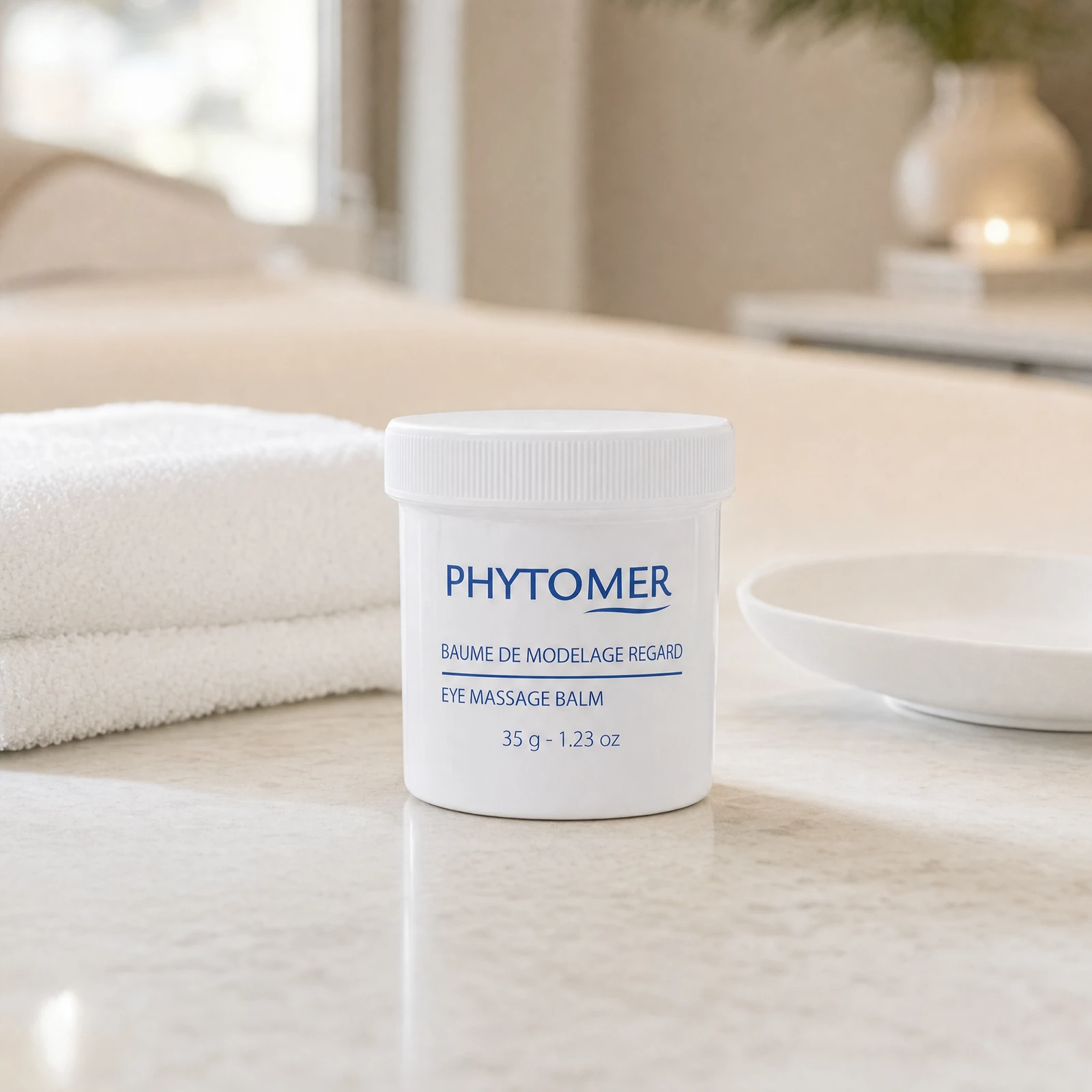 Phytomer Eye Massage Balm 35g professional jar on a premium beauty clinic marble counter with white spa towels and ceramic dish