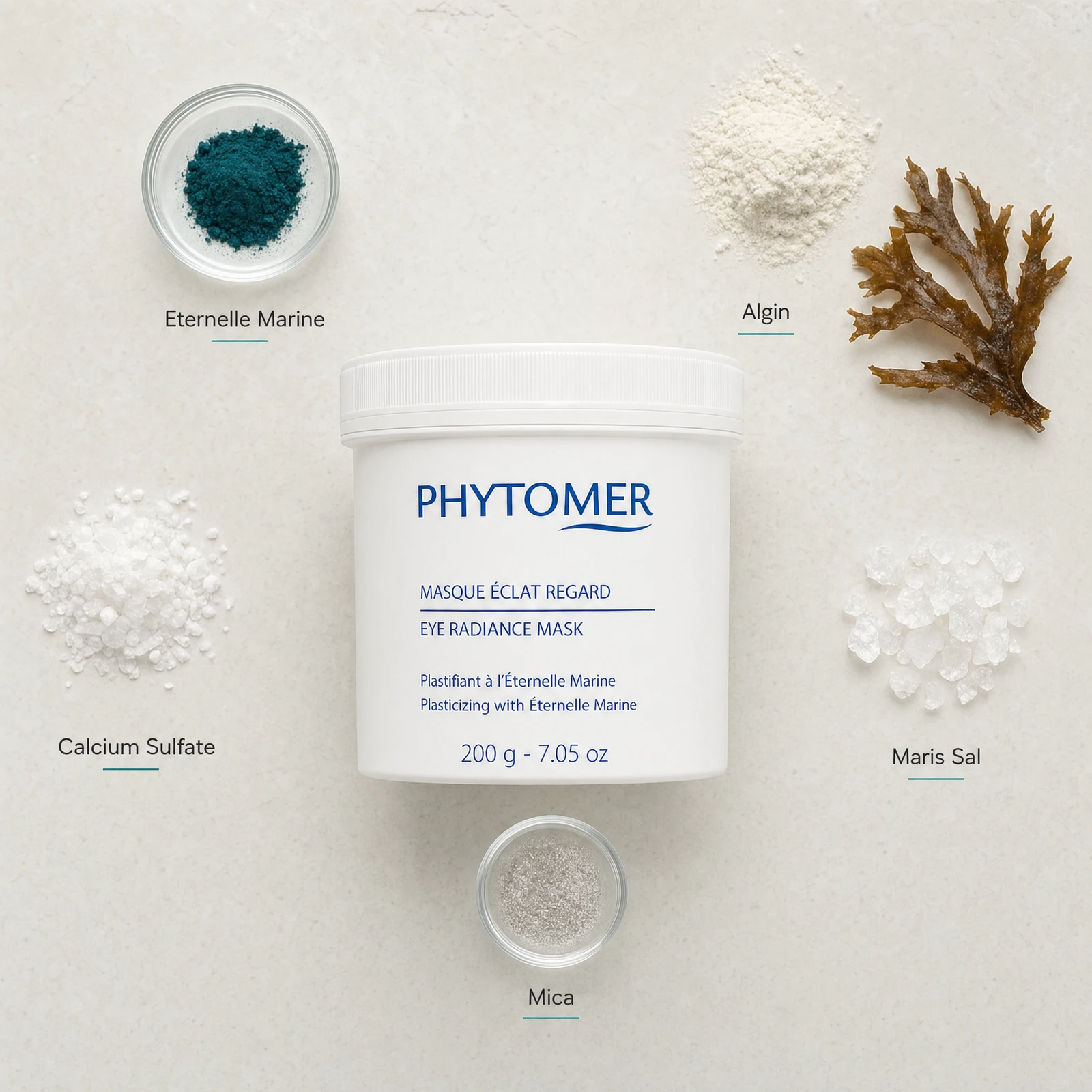 Phytomer Eye Radiance Mask 200g flatlay with key ingredients including Eternelle Marine blue micro-algae, Algin, Calcium Sulfate, Maris Sal and Mica