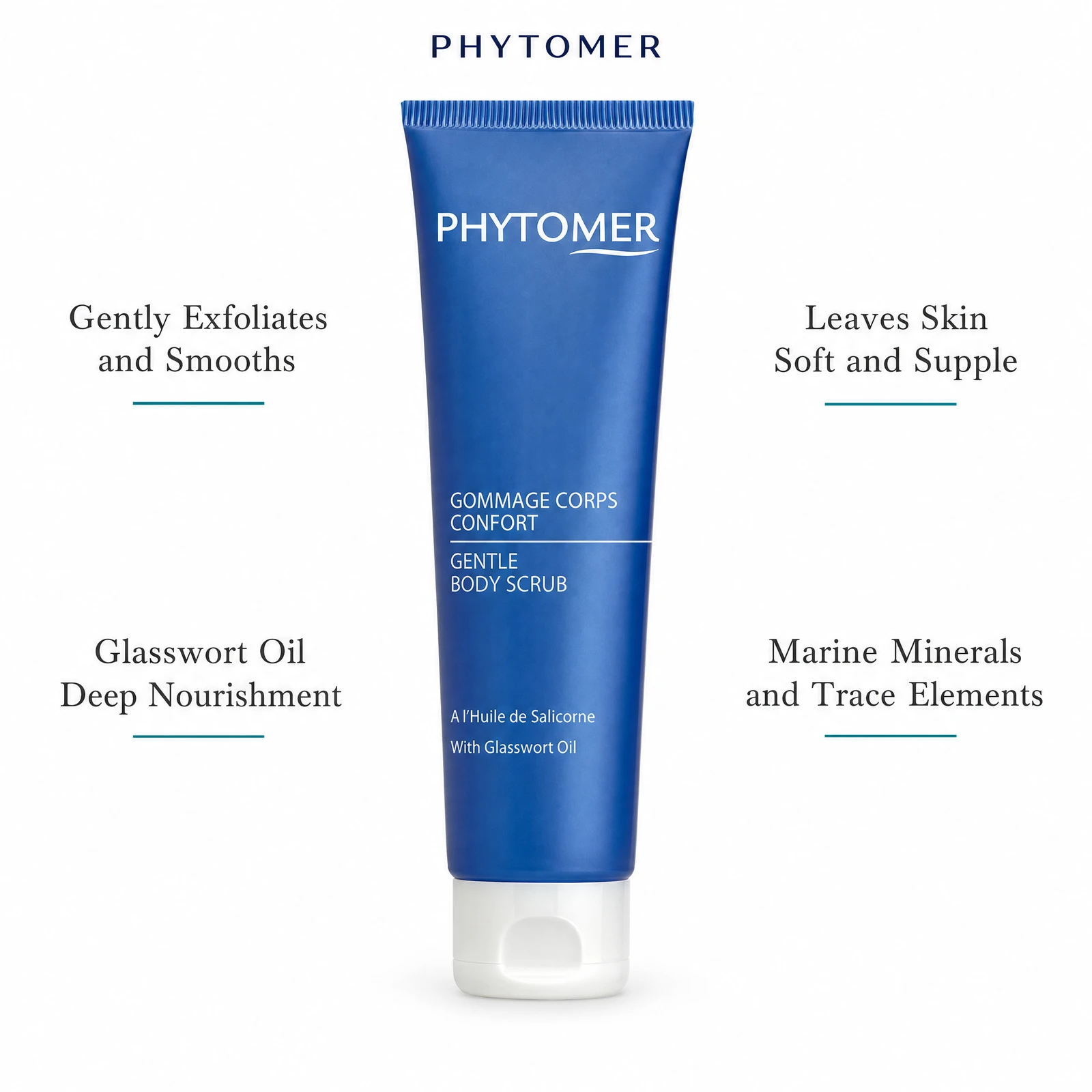 Phytomer Gentle Body Scrub with Glasswort Oil 150ml with four benefit callouts: Gently Exfoliates and Smooths, Glasswort Oil Deep Nourishment, Leaves Skin Soft and Supple, Marine Minerals and Trace Elements