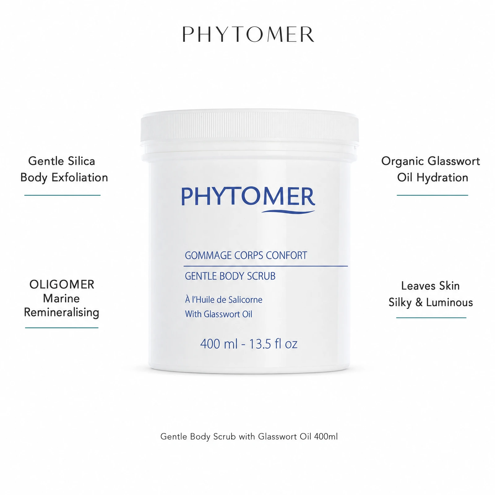 Phytomer Gentle Body Scrub with Glasswort Oil 400ml with four professional benefit callouts: Gentle Silica Body Exfoliation, OLIGOMER Marine Remineralising, Organic Glasswort Oil Hydration, Leaves Skin Silky and Luminous
