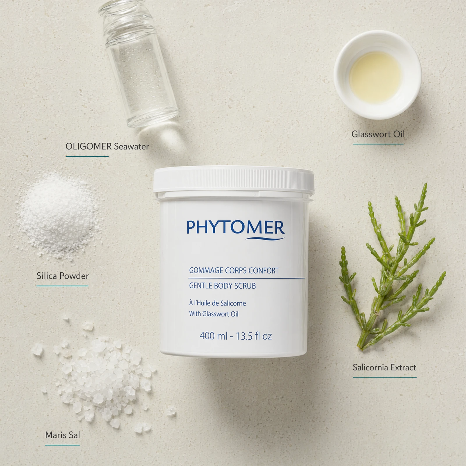 Phytomer Gentle Body Scrub with Glasswort Oil 400ml flatlay with key ingredients including OLIGOMER Seawater, Glasswort Oil, Silica Powder, Maris Sal and Salicornia Extract