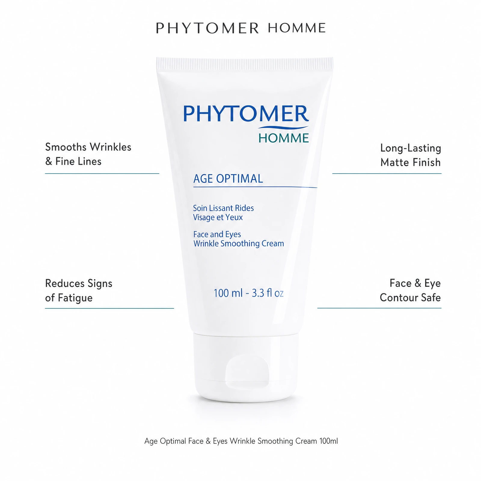 Phytomer Homme Age Optimal Wrinkle Smoothing Cream 100ml with four professional benefit callouts: Smooths Wrinkles and Fine Lines, Reduces Signs of Fatigue, Long-Lasting Matte Finish, Face and Eye Contour Safe