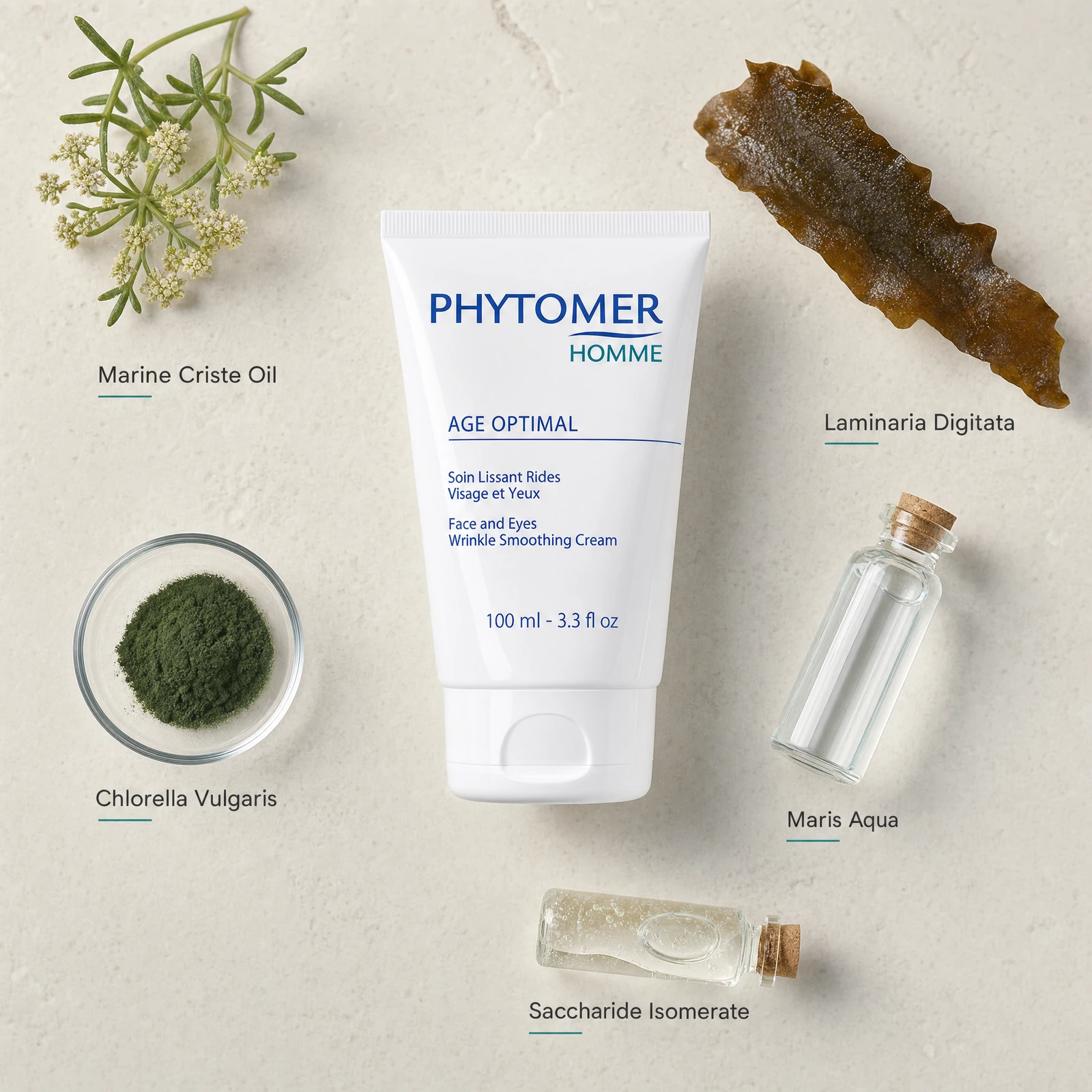 Phytomer Homme Age Optimal Wrinkle Smoothing Cream 100ml flatlay with key ingredients including Marine Criste Oil, Laminaria Digitata, Chlorella Vulgaris, Maris Aqua and Saccharide Isomerate
