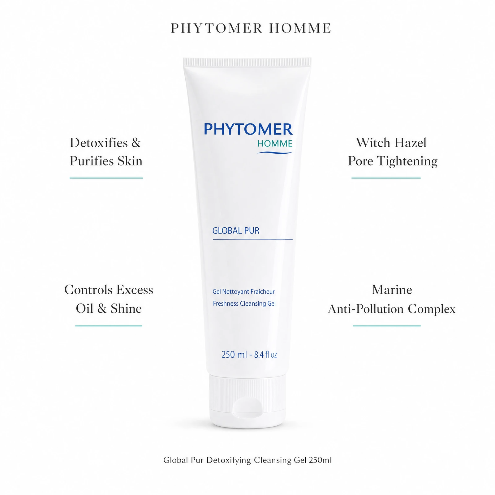 Phytomer Homme Global Pur Detoxifying Cleansing Gel 250ml with four professional benefit callouts: Detoxifies and Purifies Skin, Controls Excess Oil and Shine, Witch Hazel Pore Tightening, Marine Anti-Pollution Complex