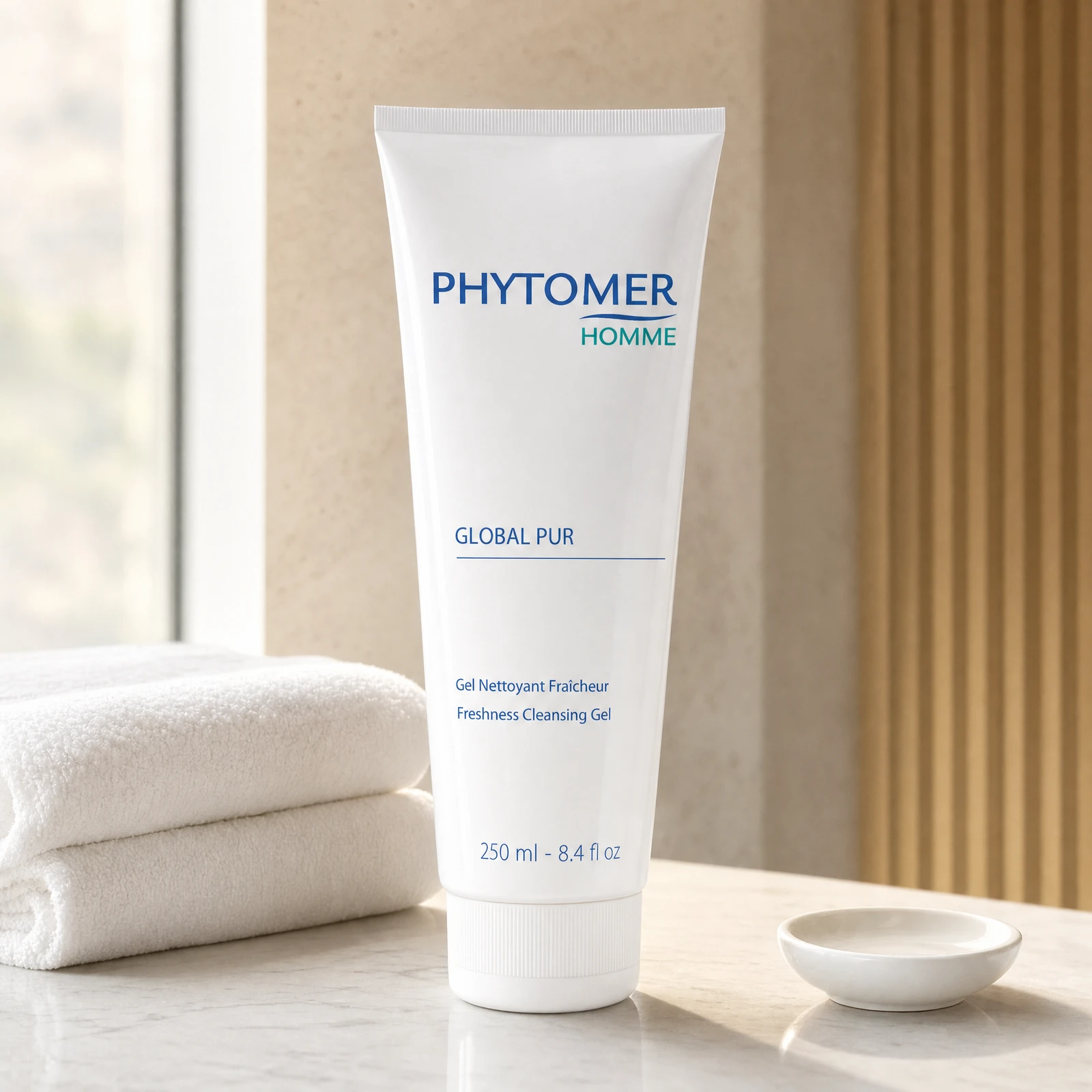 Phytomer Homme Global Pur Detoxifying Cleansing Gel 250ml professional tube on a premium men's grooming clinic marble counter with white towels and ceramic dish