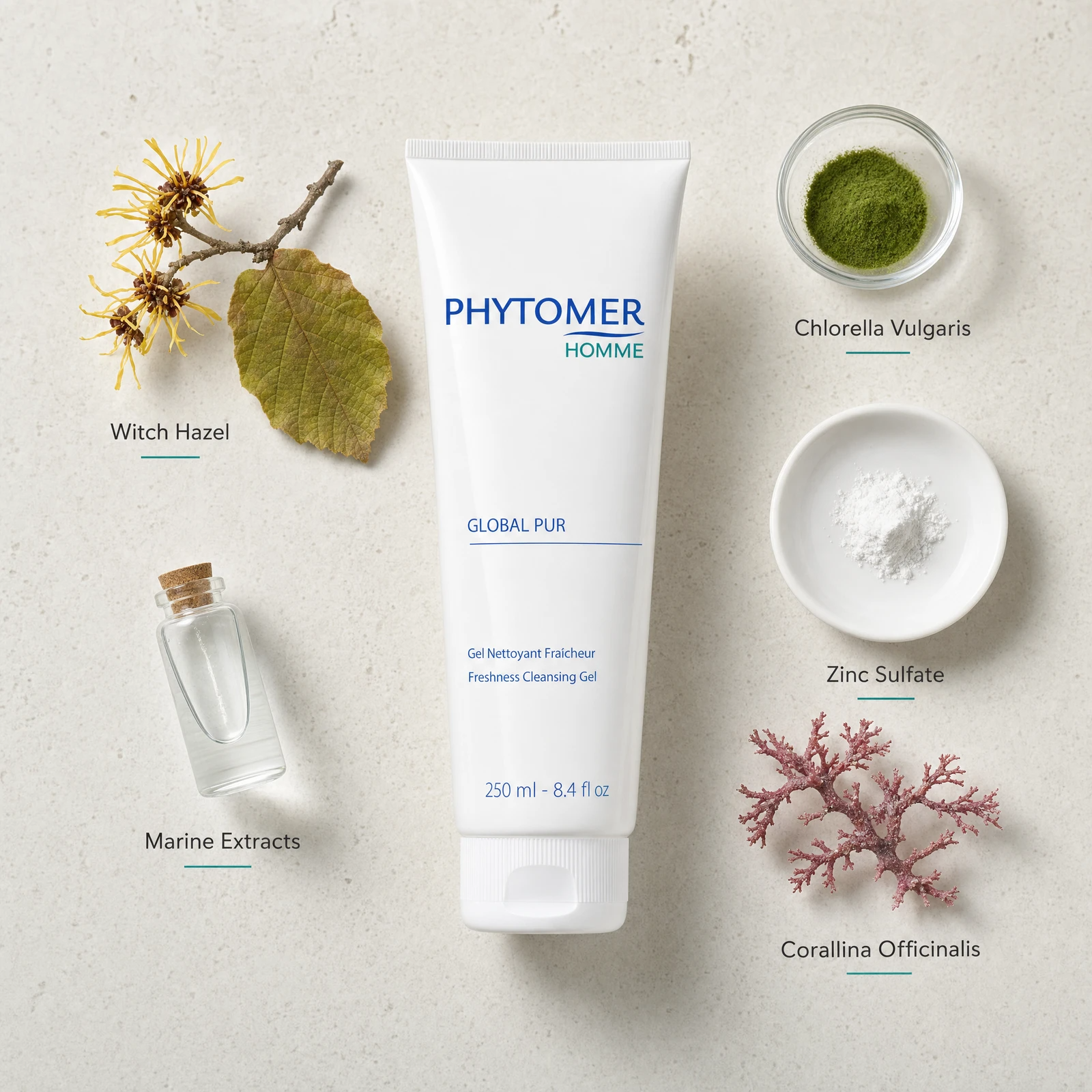 Phytomer Homme Global Pur Detoxifying Cleansing Gel 250ml flatlay with key ingredients including Witch Hazel, Marine Extracts, Chlorella Vulgaris, Zinc Sulfate and Corallina Officinalis