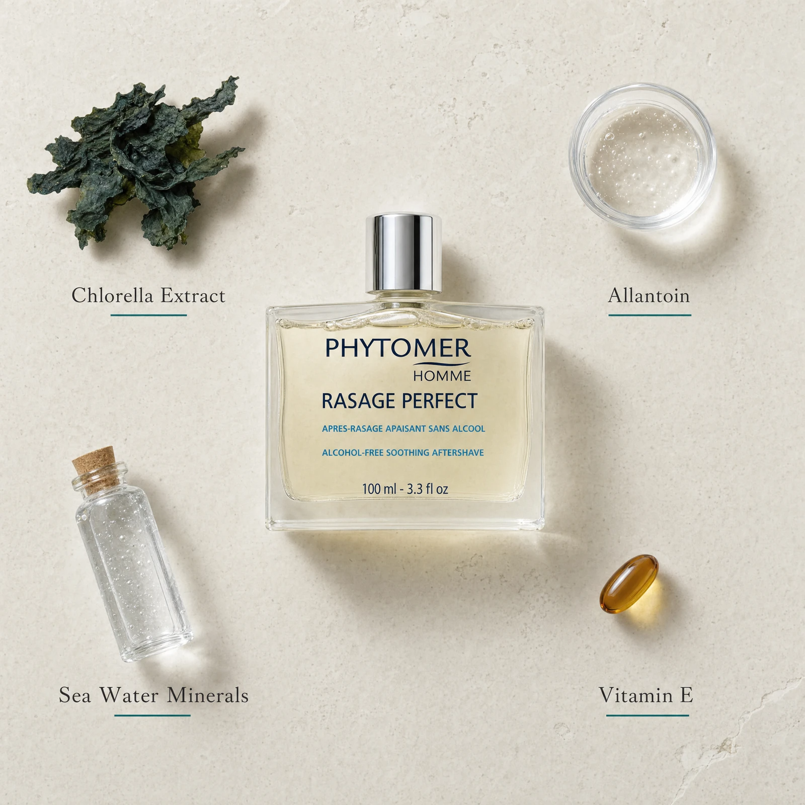 Phytomer Homme Rasage Perfect Soothing Aftershave 100ml flatlay on limestone surface with Chlorella Extract, Allantoin, Sea Water Minerals, and Vitamin E