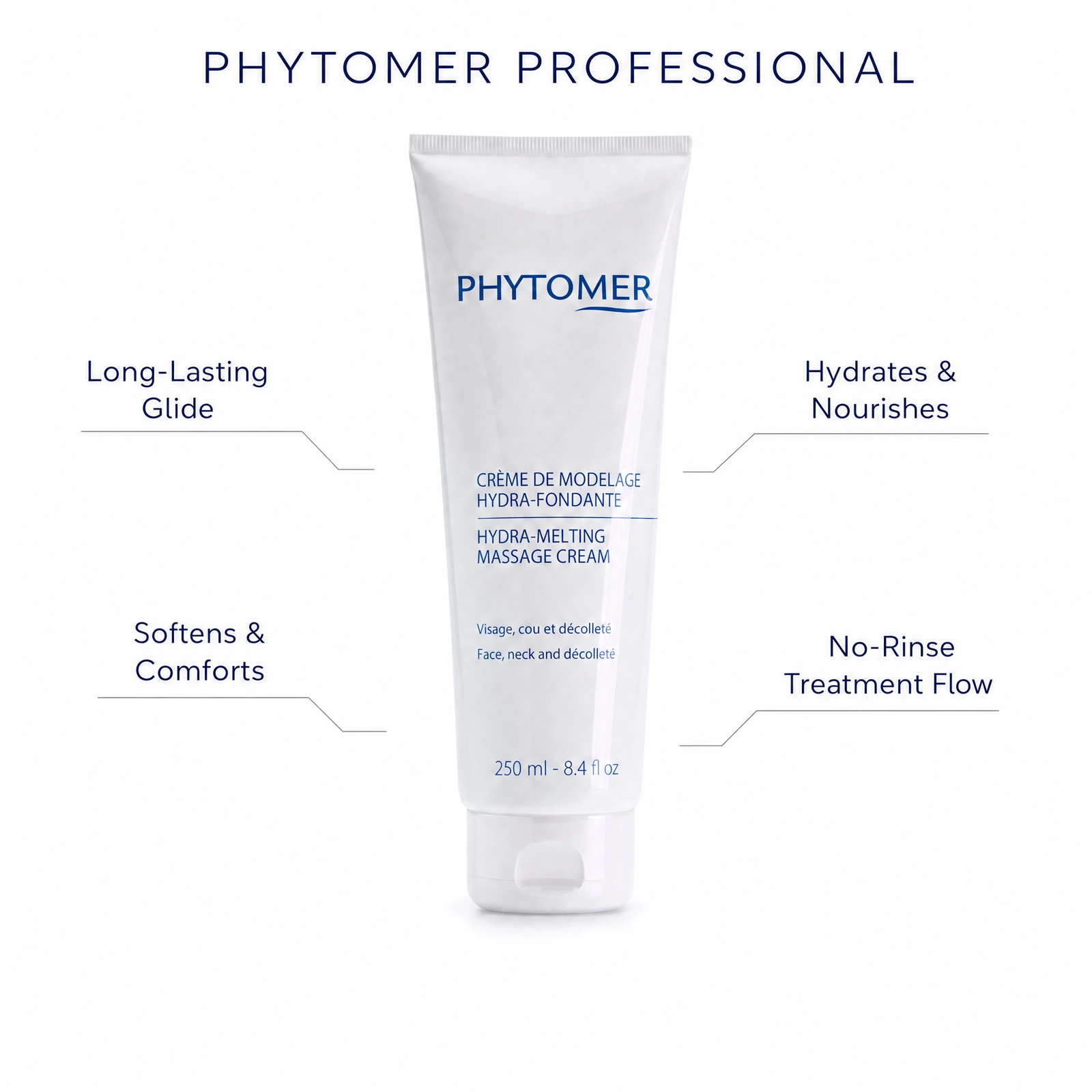 Phytomer Hydra-Melting Massage Cream Face, Neck and Décolleté 250ml professional facial massage cream benefit callout image for glide, hydration, comfort and no-rinse treatment flow.