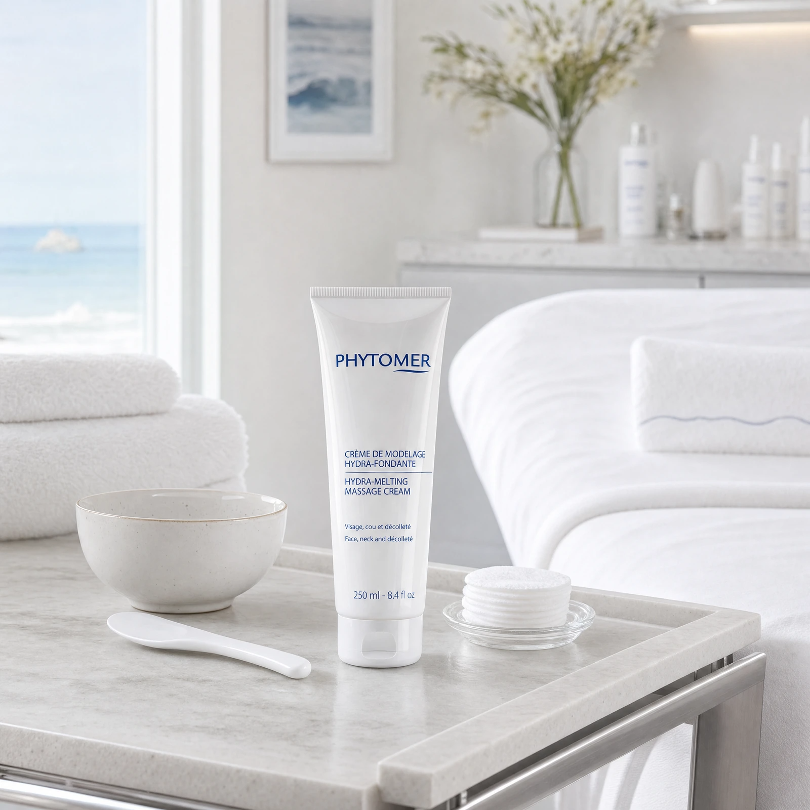 Phytomer Hydra-Melting Massage Cream Face, Neck and Décolleté 250ml displayed in a professional spa treatment room for facial massage protocols.