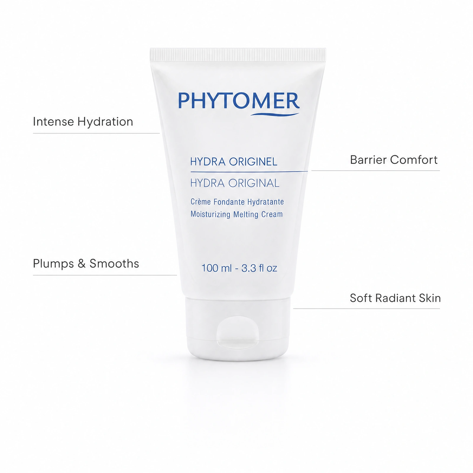 Phytomer Hydra Original Moisturising Melting Cream 100ml professional white tube with benefit callouts for intense hydration, barrier comfort, plumping and smoothing, and soft radiant skin.