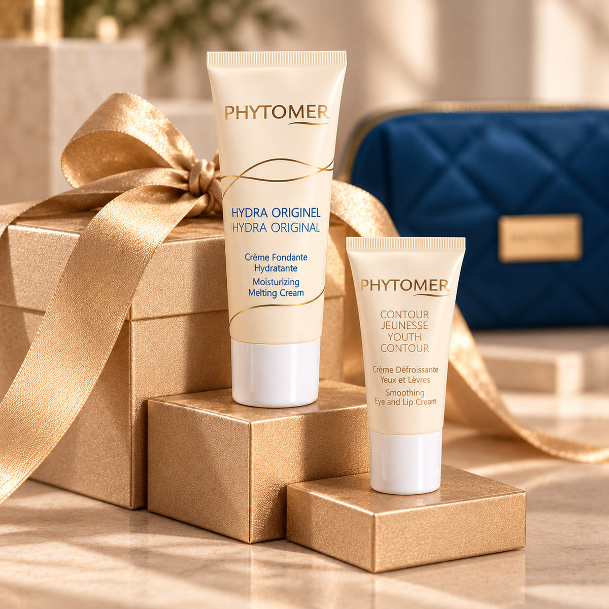 PHYTOMER Hydra Original and Youth Contour skincare tubes arranged on muted gold gift boxes with the blue cosmetics pouch behind.