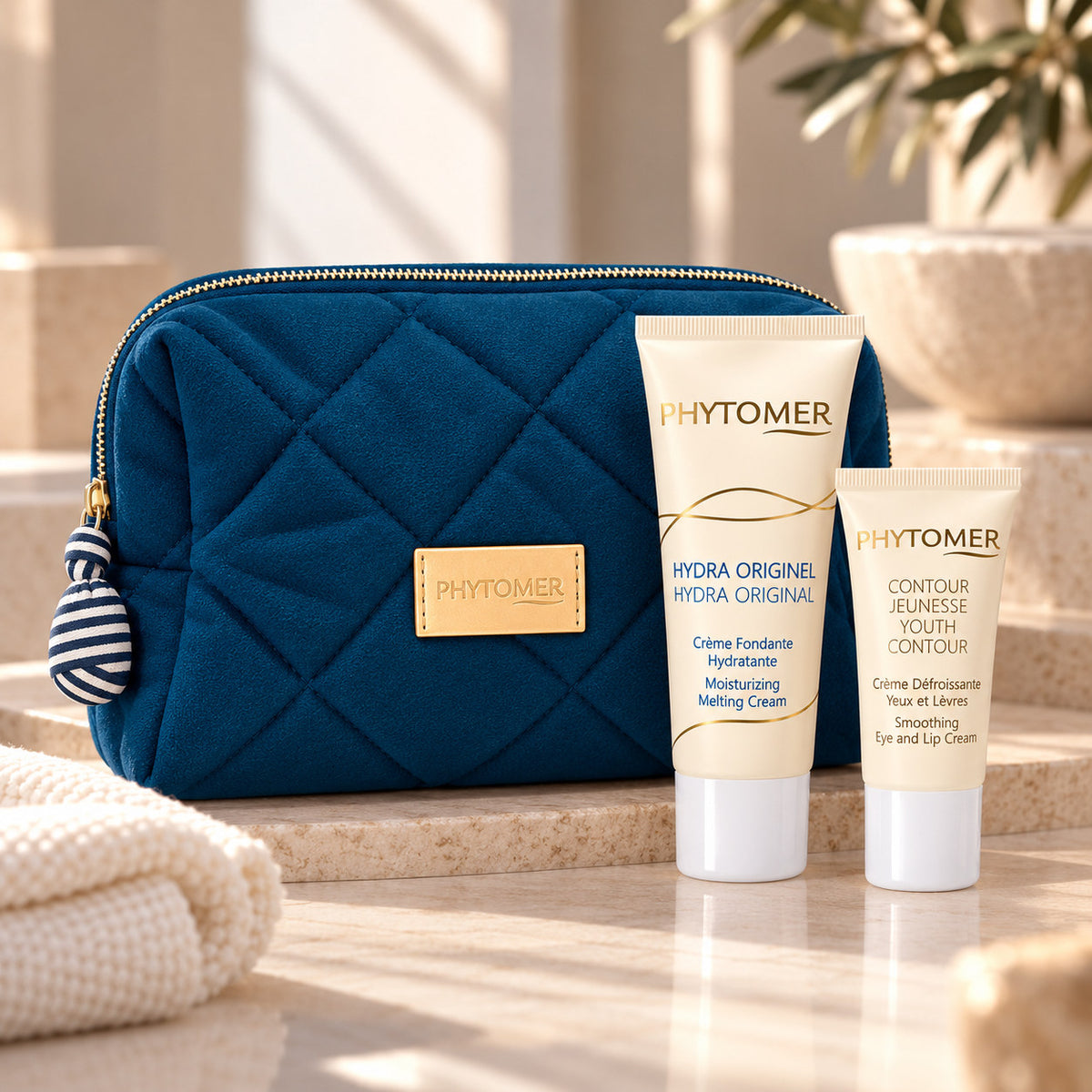 PHYTOMER Hydra Original Ritual Gift Set with two skincare tubes displayed in front of the blue quilted cosmetics pouch in a spa setting.