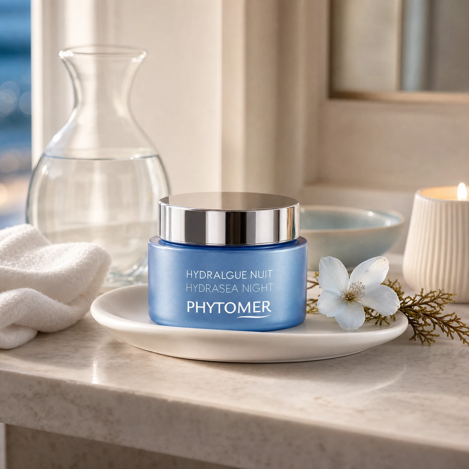 Phytomer Hydrasea Night Plumping Rich Cream 50ml on a marble bathroom vanity with white ceramic tray, glass vessel, white flower and coastal botanical, premium at-home evening skincare setting