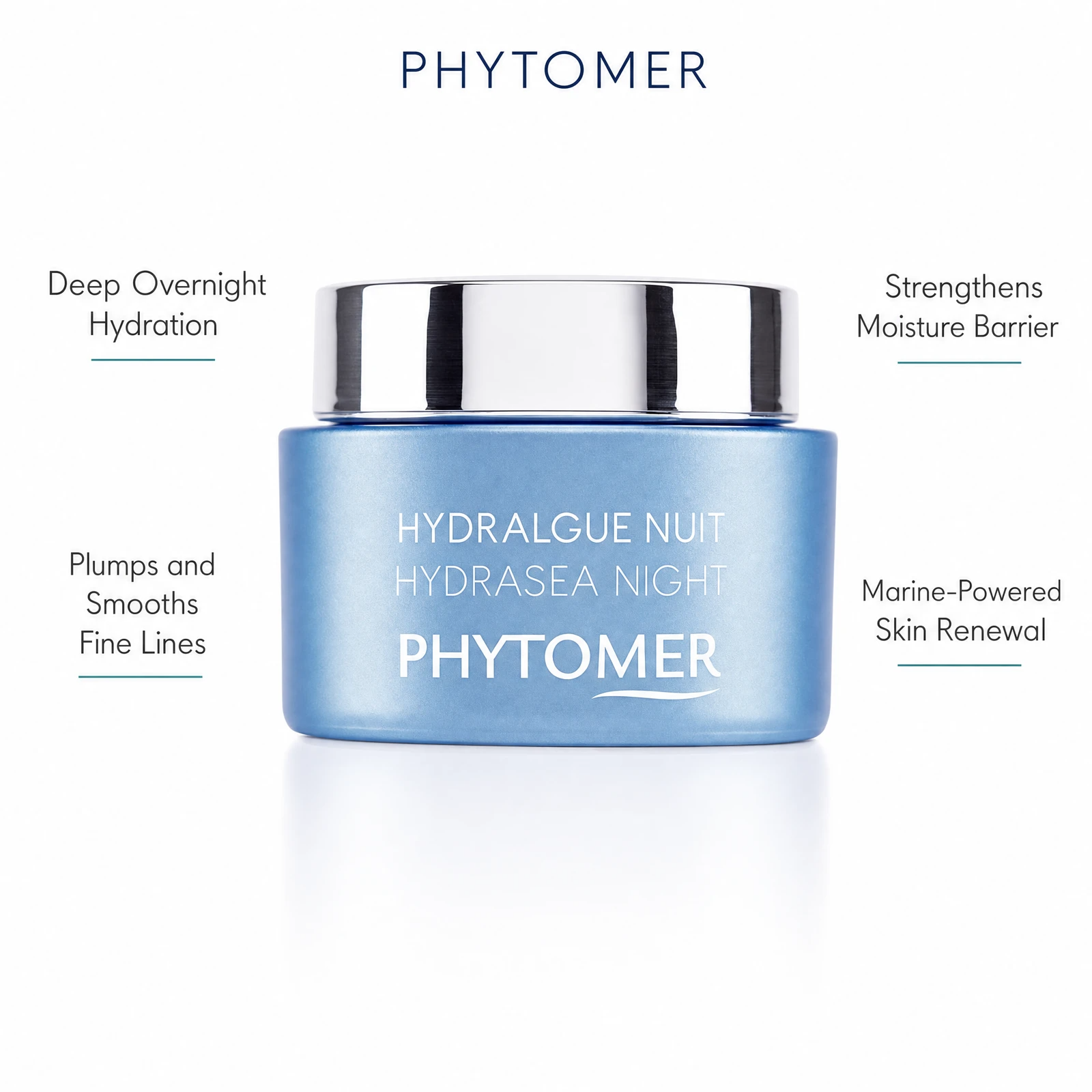 Phytomer Hydrasea Night Plumping Rich Cream 50ml with four benefit callouts: Deep Overnight Hydration, Plumps and Smooths Fine Lines, Strengthens Moisture Barrier, Marine-Powered Skin Renewal