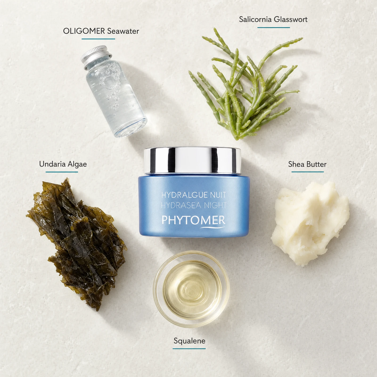Phytomer Hydrasea Night Plumping Rich Cream 50ml flatlay on limestone surface with OLIGOMER Seawater, Salicornia Glasswort, Undaria Algae, Shea Butter, and Squalene