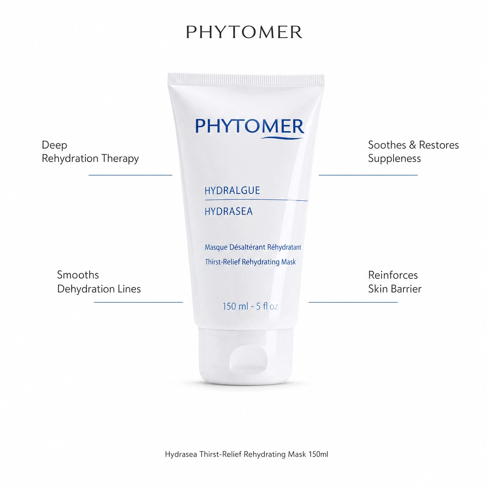 Phytomer Hydrasea Thirst-Relief Rehydrating Mask 150ml with four professional benefit callouts: Deep Rehydration Therapy, Smooths Dehydration Lines, Soothes and Restores Suppleness, Reinforces Skin Barrier