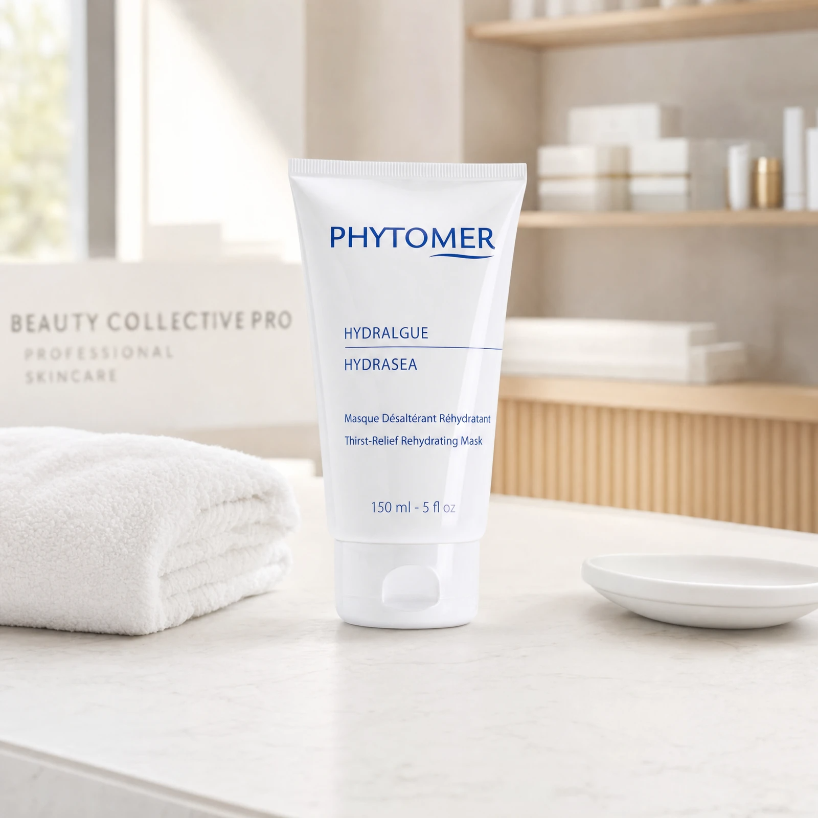 Phytomer Hydrasea Thirst-Relief Rehydrating Mask 150ml professional tube on a premium beauty clinic treatment counter with white spa towel and ceramic dish