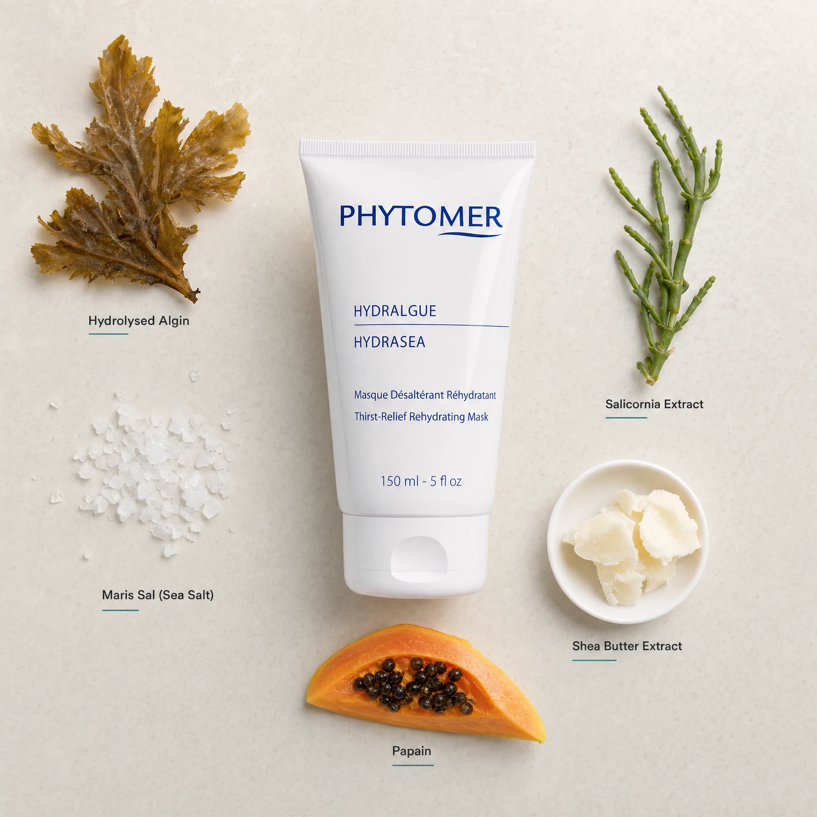Phytomer Hydrasea Thirst-Relief Rehydrating Mask 150ml flatlay with key ingredients including Hydrolysed Algin, Salicornia Extract, Maris Sal Sea Salt, Shea Butter Extract and Papain
