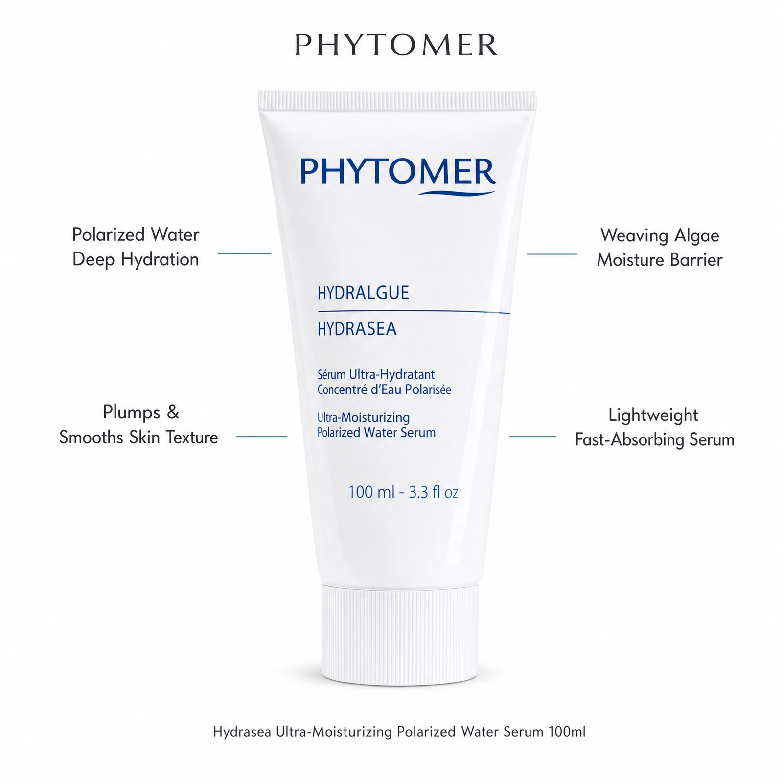 Phytomer Hydrasea Ultra-Moisturizing Polarized Water Serum 100ml with four professional benefit callouts: Polarized Water Deep Hydration, Plumps and Smooths Skin Texture, Weaving Algae Moisture Barrier, Lightweight Fast-Absorbing Serum