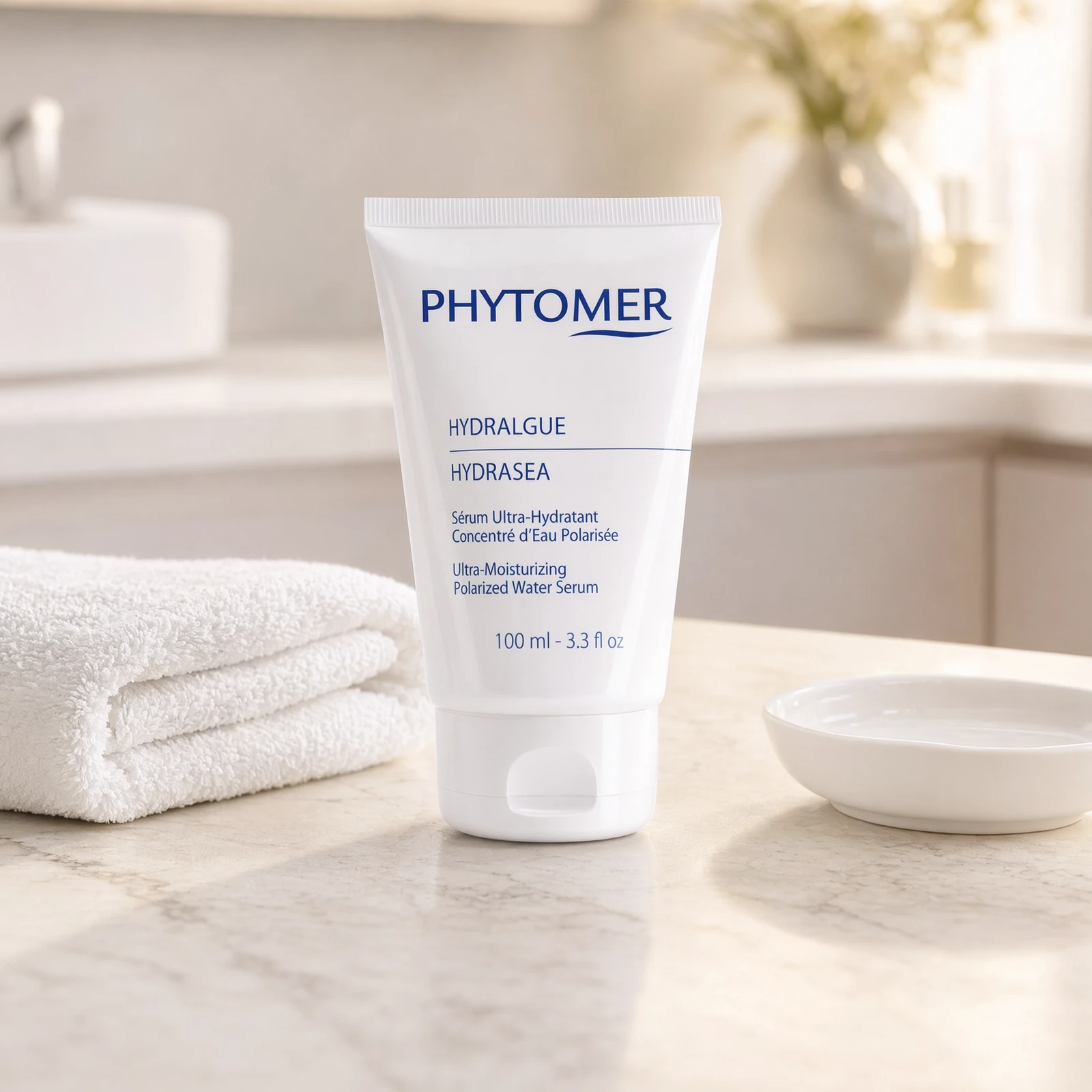 Phytomer Hydrasea Ultra-Moisturizing Polarized Water Serum 100ml professional tube on a premium beauty clinic marble counter with white spa towels and ceramic dish