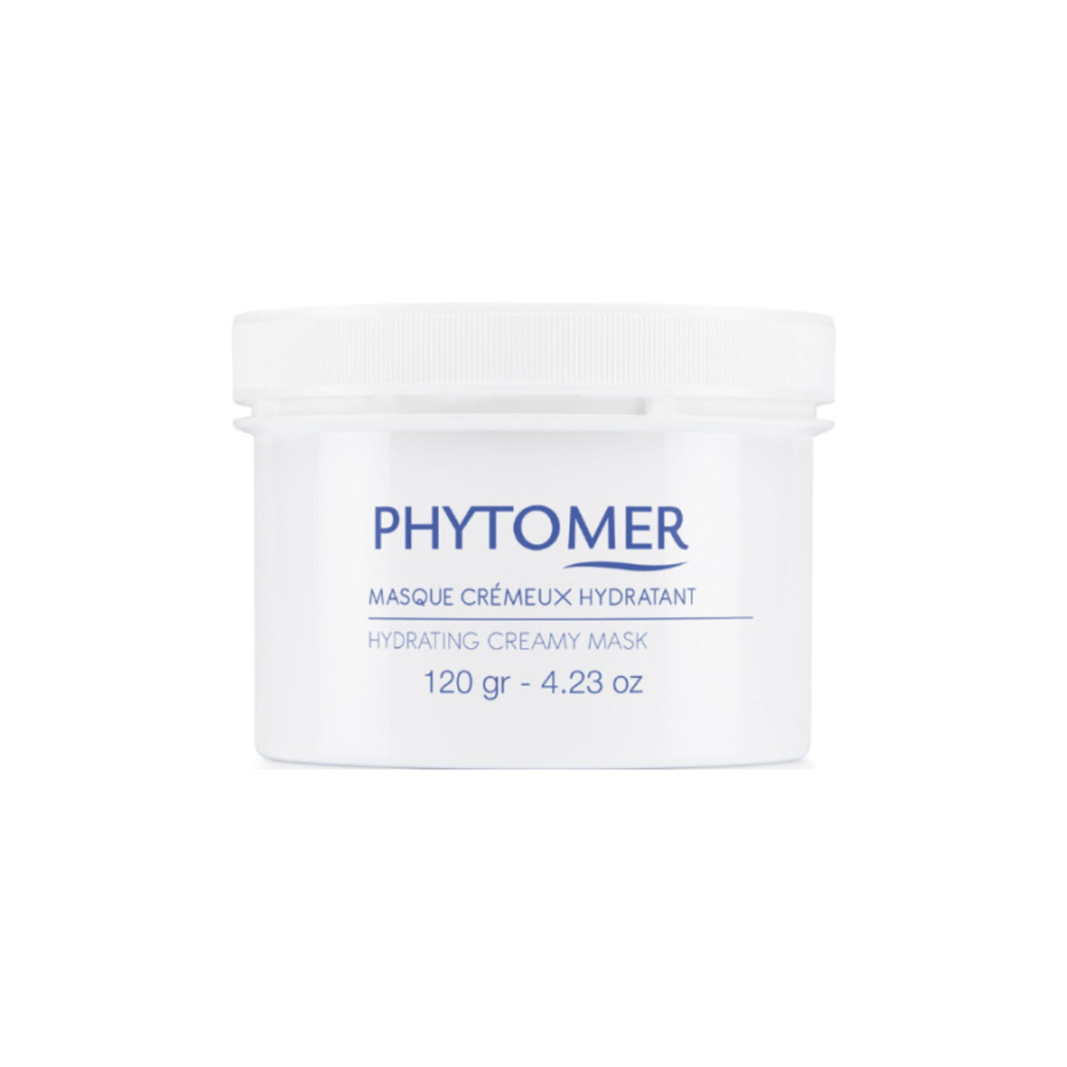 A white plastic jar of Phytomer Hydrating Creamy Mask, 120g, on a clean white background.