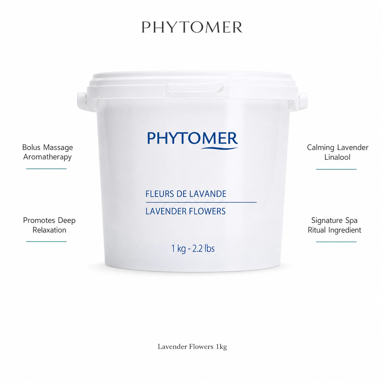 Phytomer Lavender Flowers 1kg with four professional benefit callouts: Bolus Massage Aromatherapy, Promotes Deep Relaxation, Calming Lavender Linalool, Signature Spa Ritual Ingredient