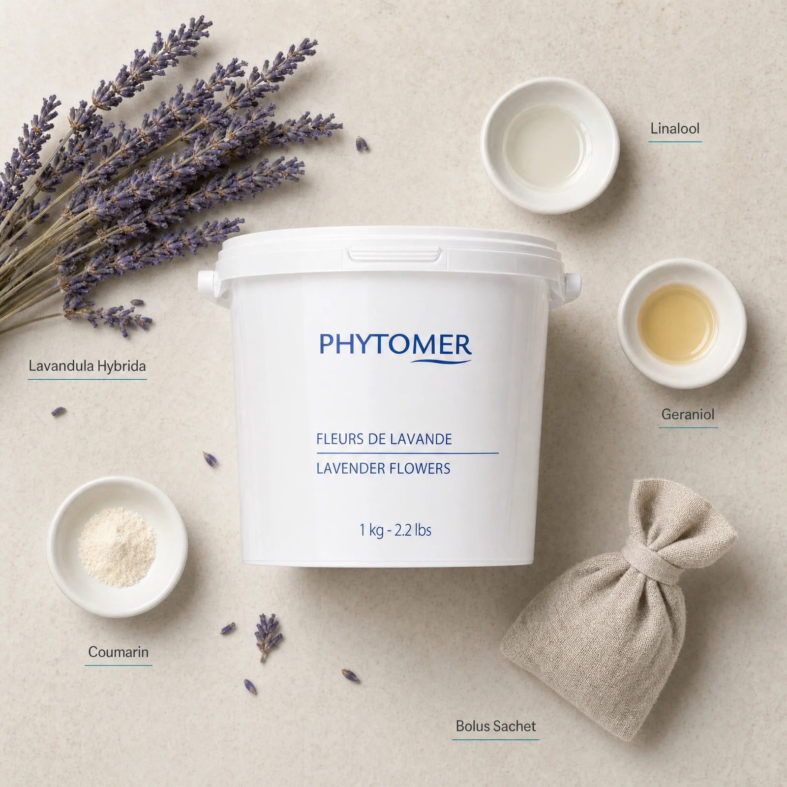 Phytomer Lavender Flowers 1kg flatlay with key aromatic ingredients including Lavandula Hybrida dried lavender flowers, Linalool, Geraniol, Coumarin and a linen bolus sachet