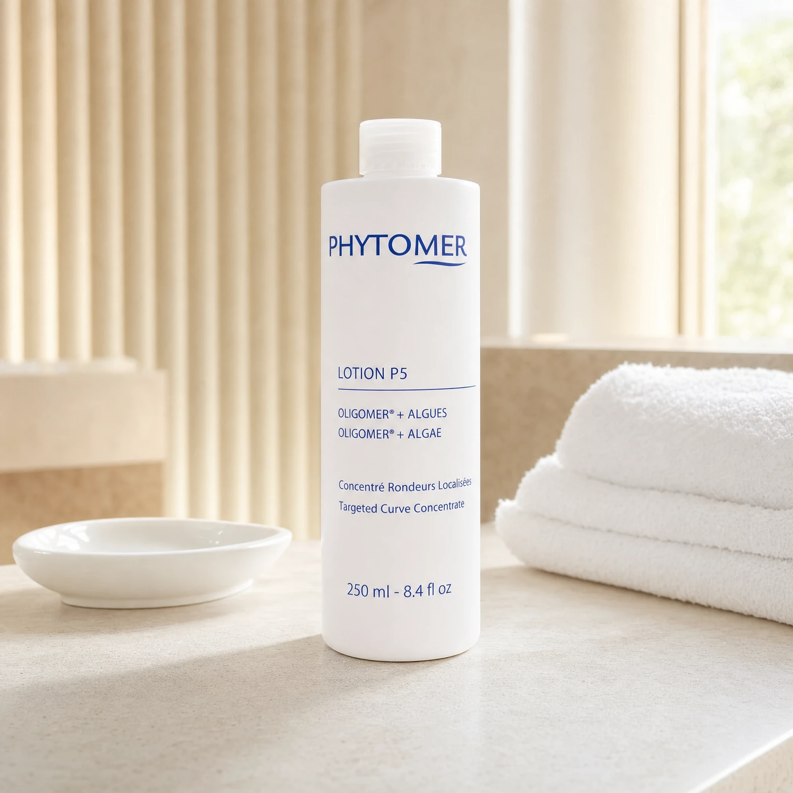 Phytomer Lotion P5 Targeted Curve Concentrate 250ml professional bottle on a premium spa body contouring treatment stone counter with white towels and ceramic dish