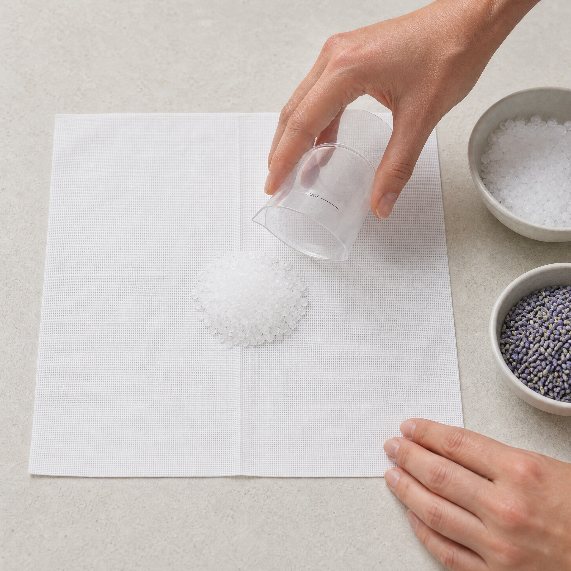 Therapist adding one level 100-line measure of Marine Salt Crystals to a Phytomer Marine Bolus fabric square