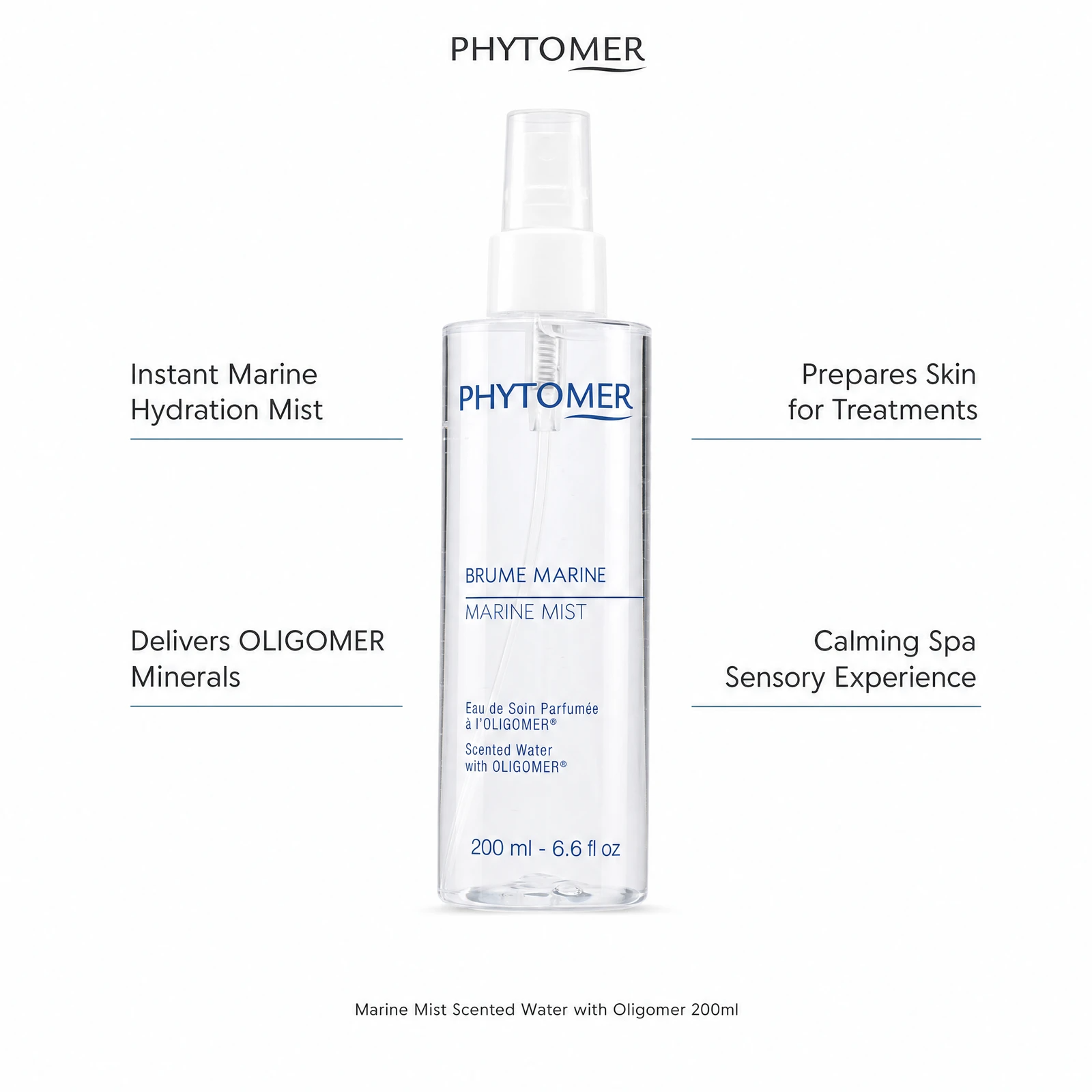 Phytomer Marine Mist Scented Water 200ml with four professional benefit callouts: Instant Marine Hydration Mist, Delivers OLIGOMER Minerals, Prepares Skin for Treatments, Calming Spa Sensory Experience