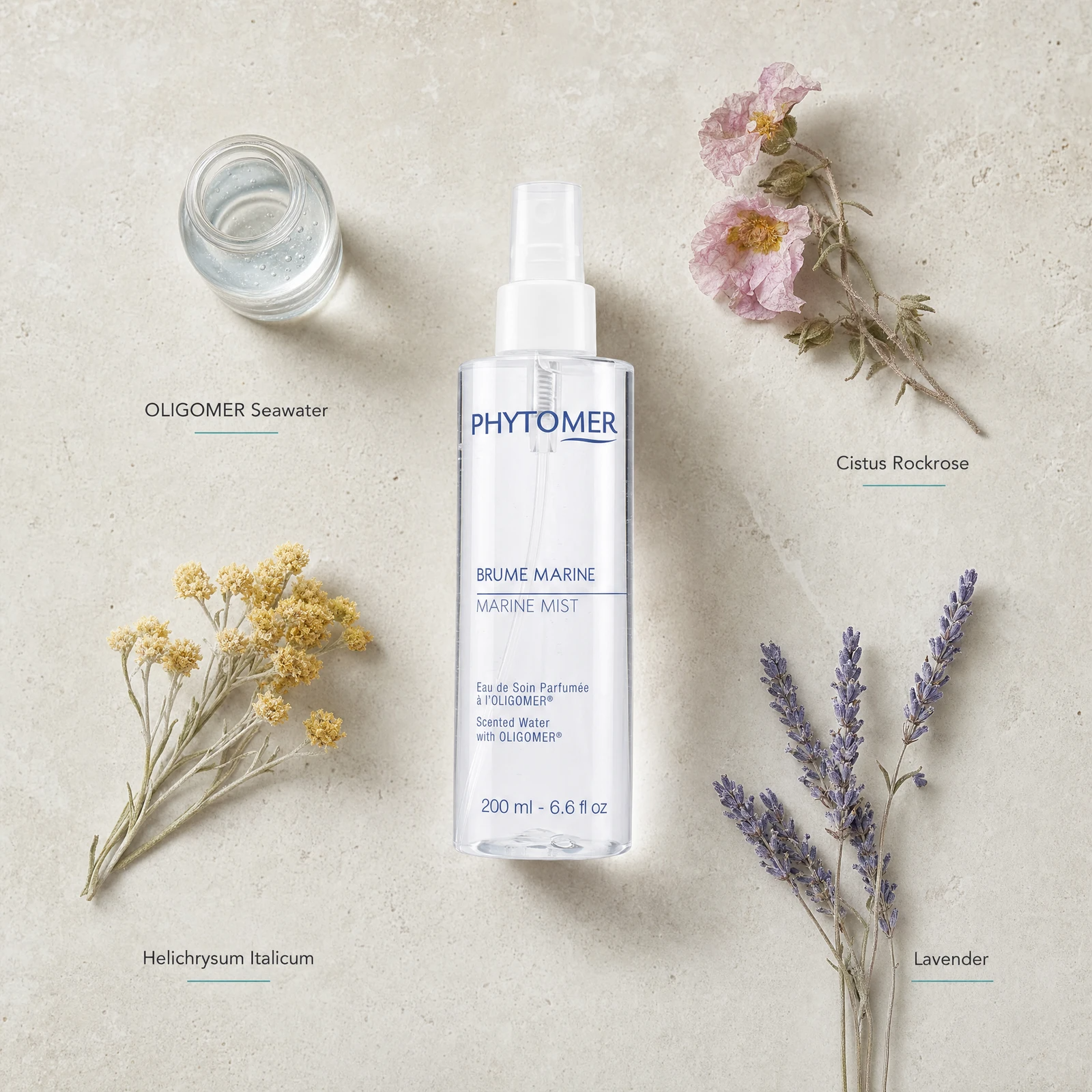 Phytomer Marine Mist Scented Water 200ml flatlay with key ingredients including OLIGOMER Seawater, Cistus Rockrose, Helichrysum Italicum and Lavender