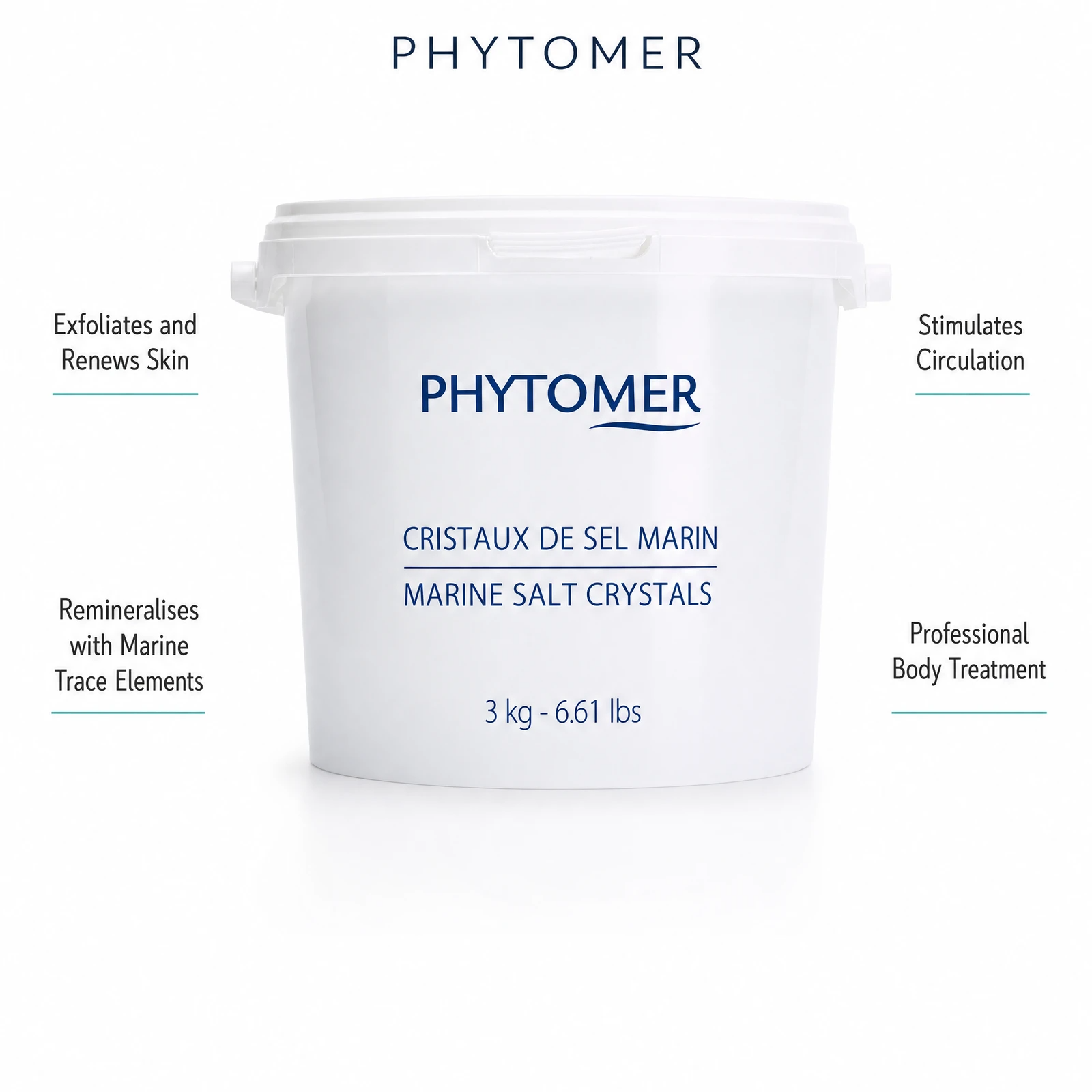 Phytomer Marine Salt Crystals 3kg with four benefit callouts: Exfoliates and Renews Skin, Remineralises with Marine Trace Elements, Stimulates Circulation, Professional Body Treatment