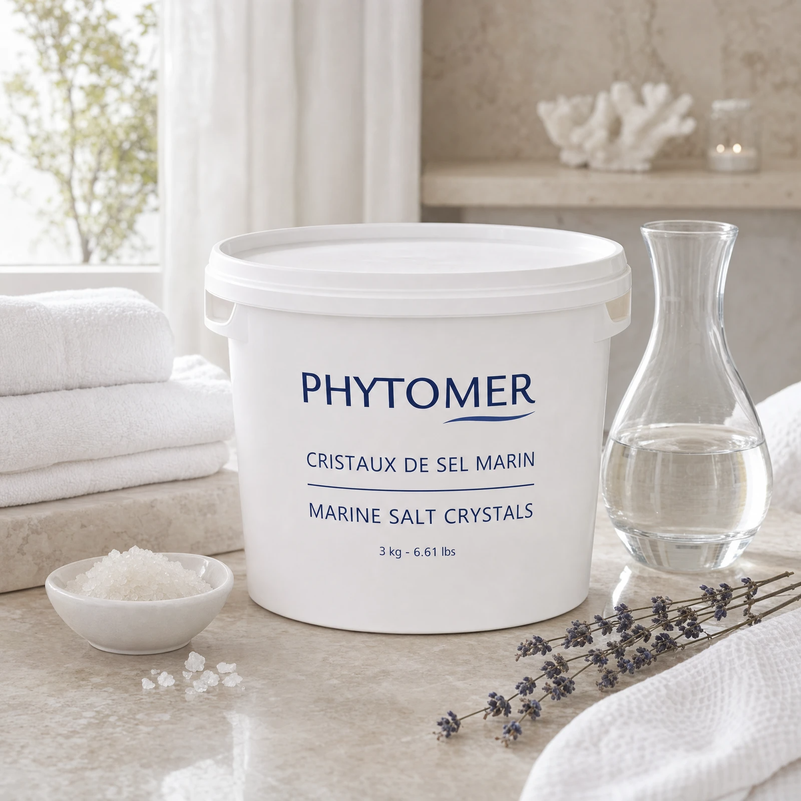 Phytomer marine salt crystals container on a bathroom counter with towels and a carafe in the background.